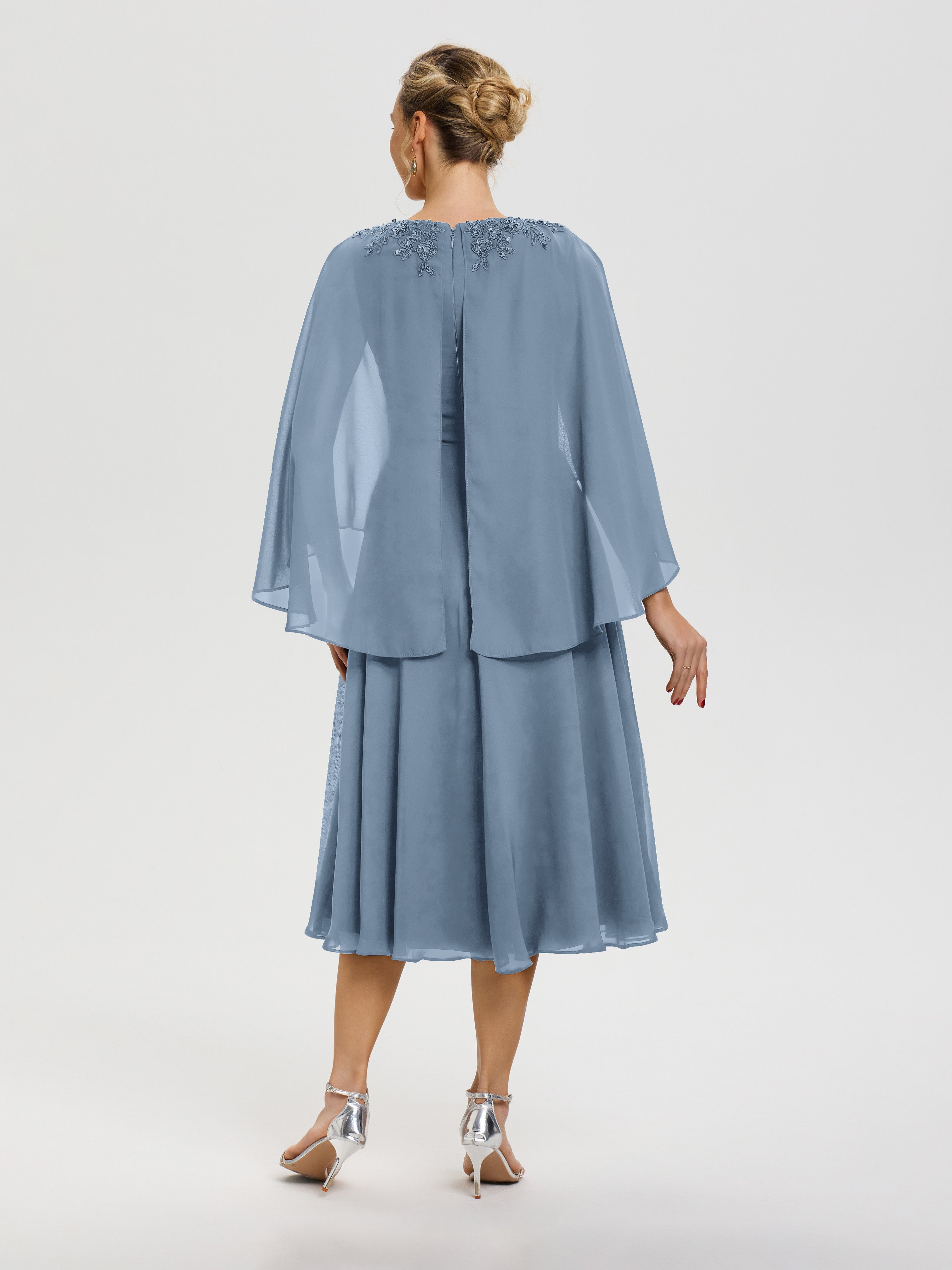 Cicinia Robe Mère De La Mariée Bleu De Schiste 3/4 Manches Col V Mousseline & Dentelle Robe Mère De Mariée