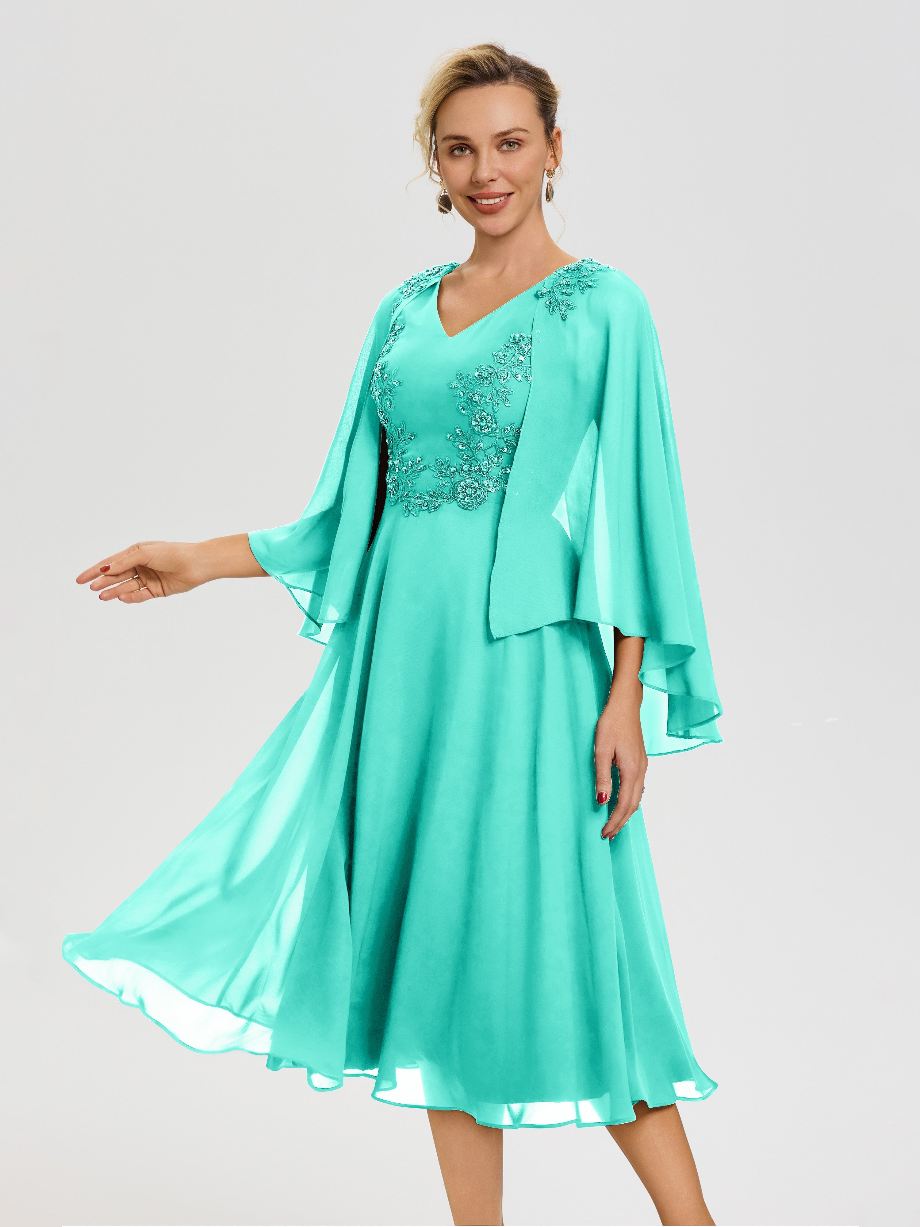 Robe De Mère De Mariée Moderne Spa 3/4 Manches Col V Mousseline & Dentelle Robe Mère De Mariée