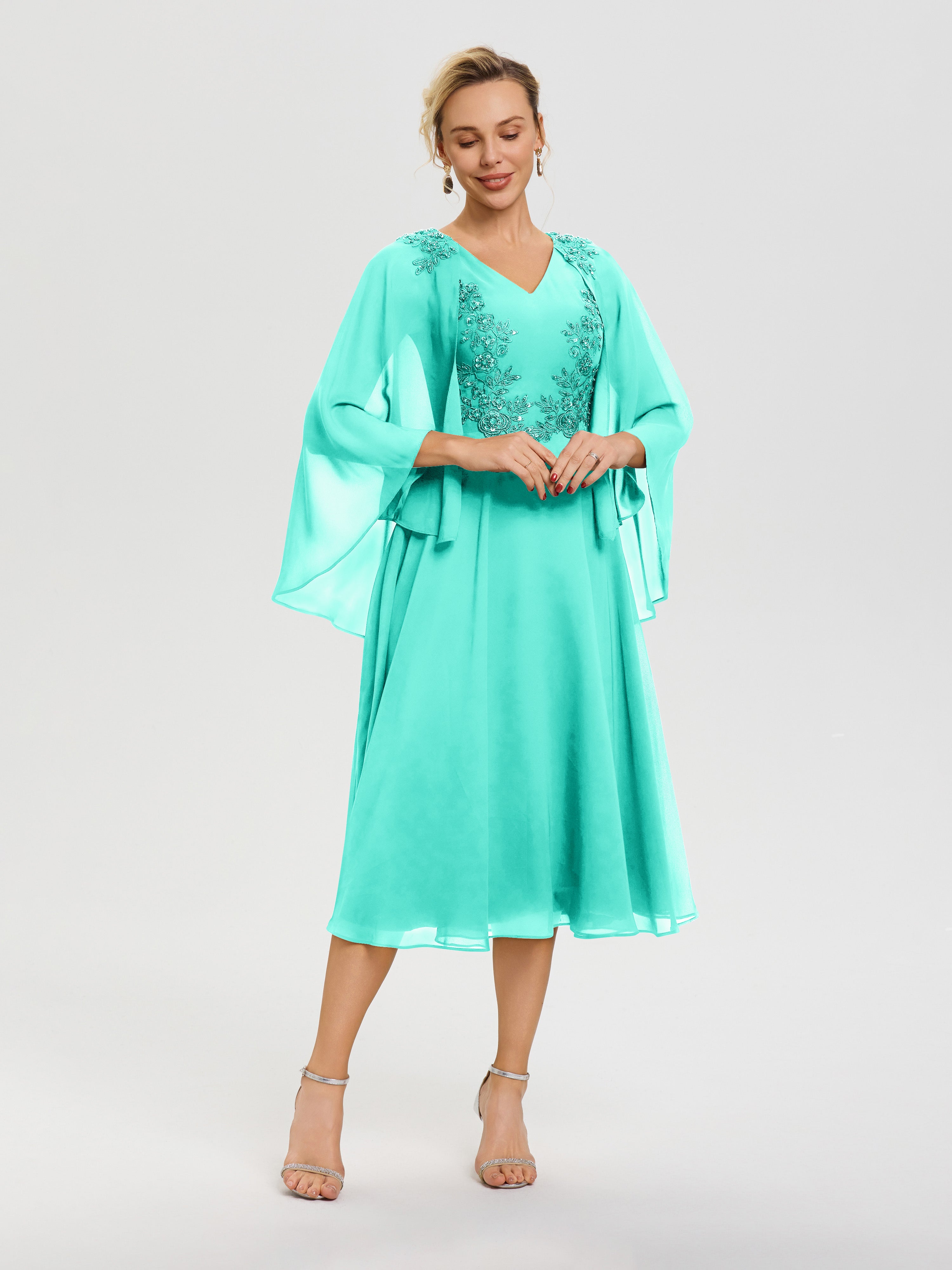 Robe De Mère De Mariée Moderne Spa 3/4 Manches Col V Mousseline & Dentelle Robe Mère De Mariée