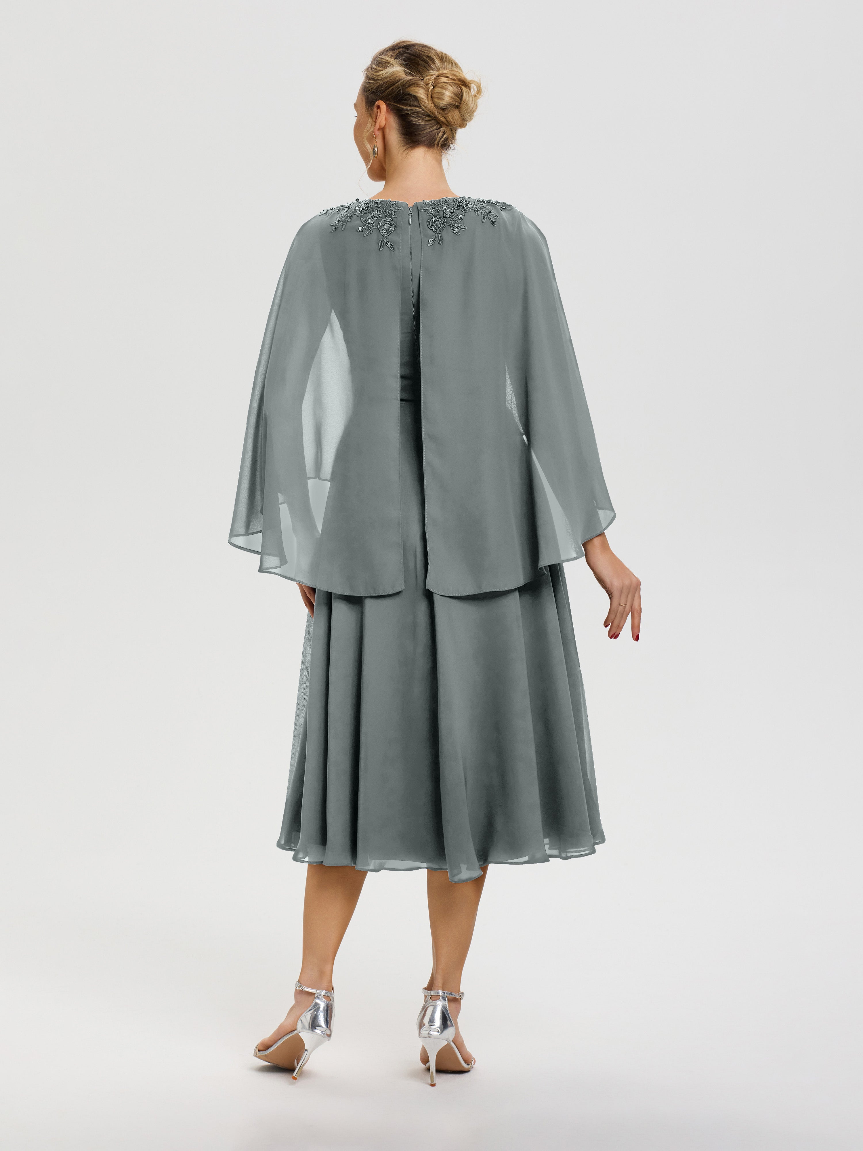Robe Pour Mère De La Mariée Gris Acier 3/4 Manches Col V Mousseline & Dentelle Robe Mère De Mariée