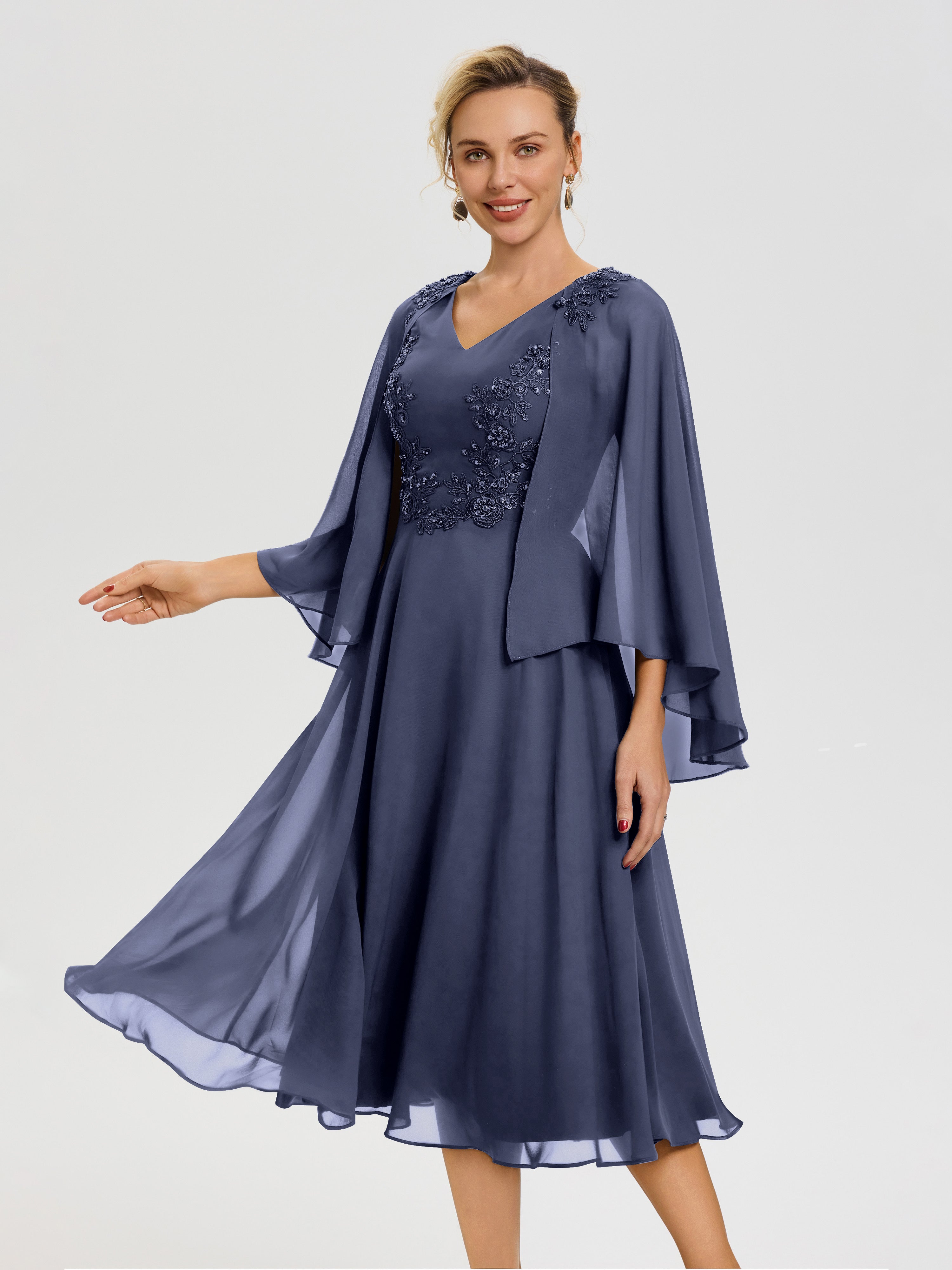 Robe Pour Mère De La Mariée Orageux 3/4 Manches Col V Mousseline & Dentelle Robe Mère De Mariée