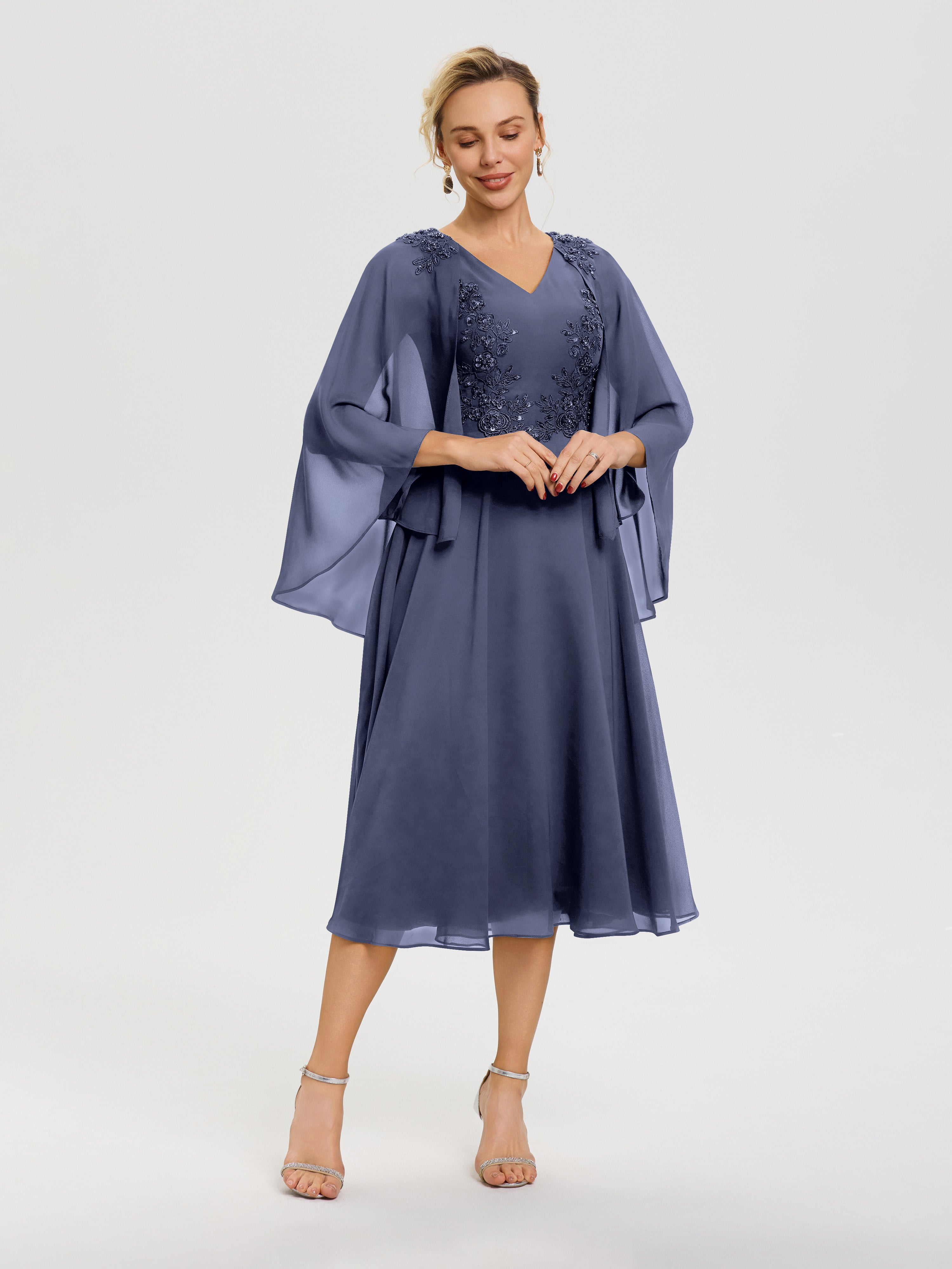 Robe Pour Mère De La Mariée Orageux 3/4 Manches Col V Mousseline & Dentelle Robe Mère De Mariée