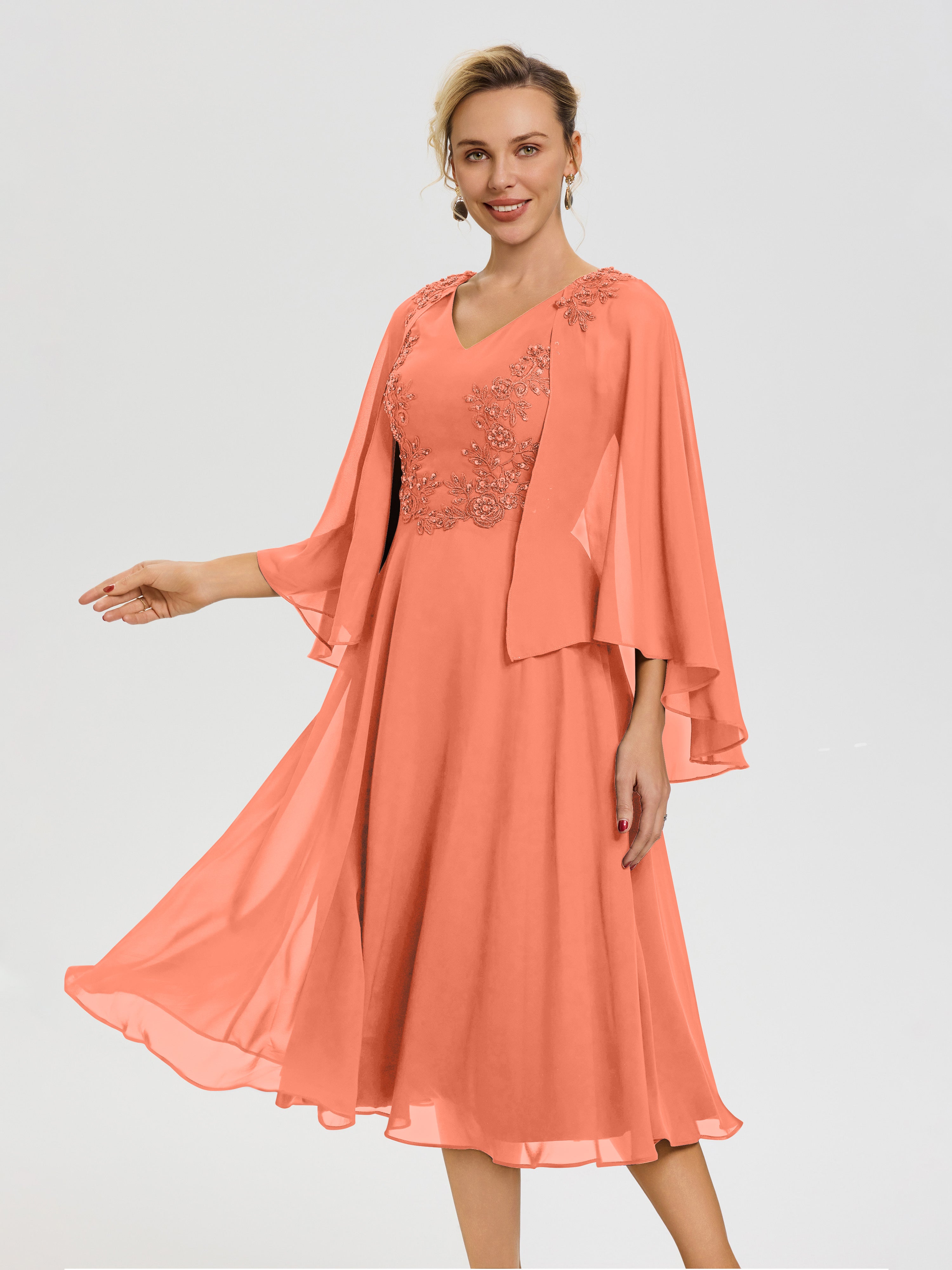 Robe Pour Mère De La Mariée Coucher De Soleil 3/4 Manches Col V Mousseline & Dentelle Robe Mère De Mariée