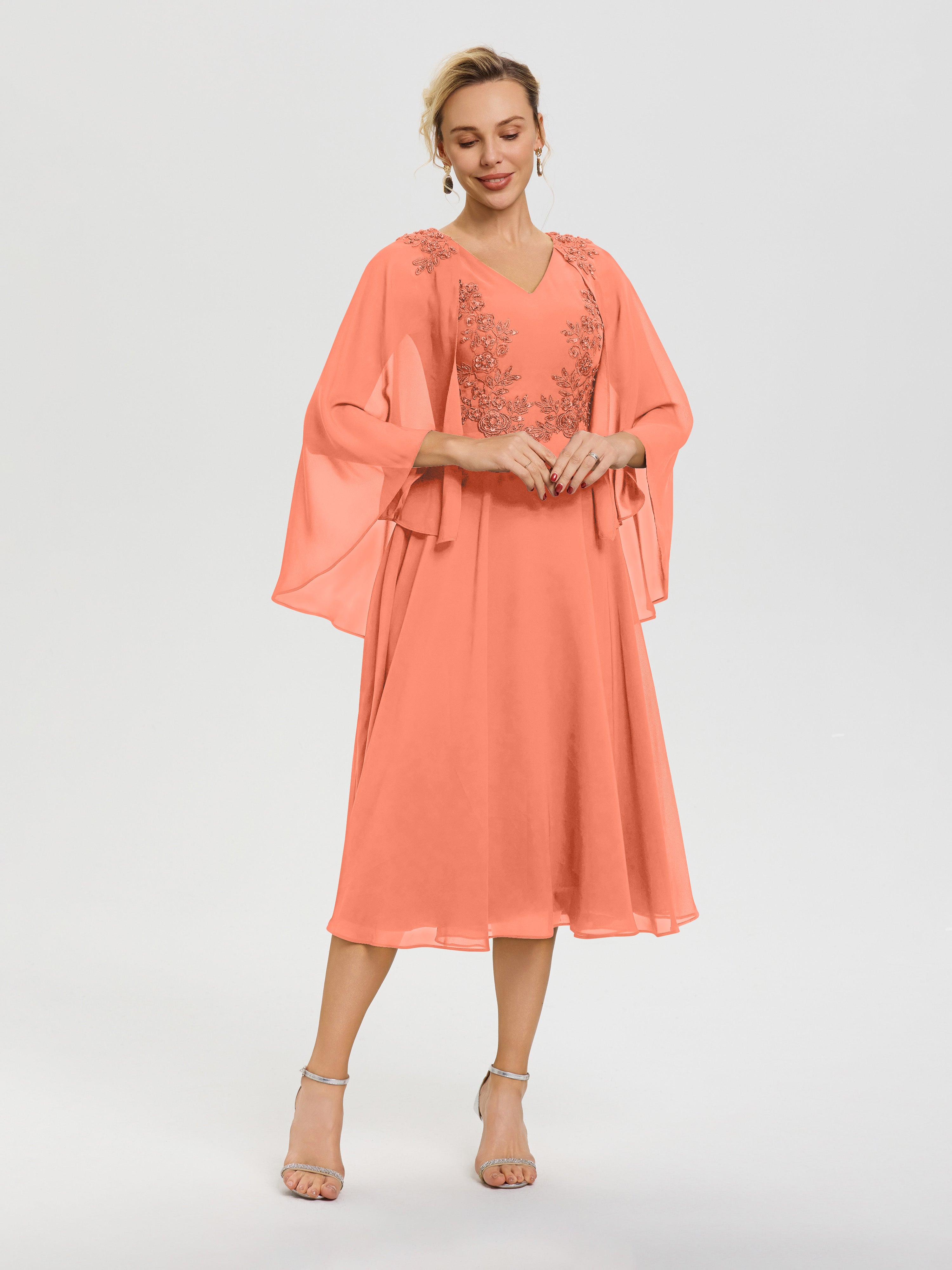 Robe Pour Mère De La Mariée Coucher De Soleil 3/4 Manches Col V Mousseline & Dentelle Robe Mère De Mariée