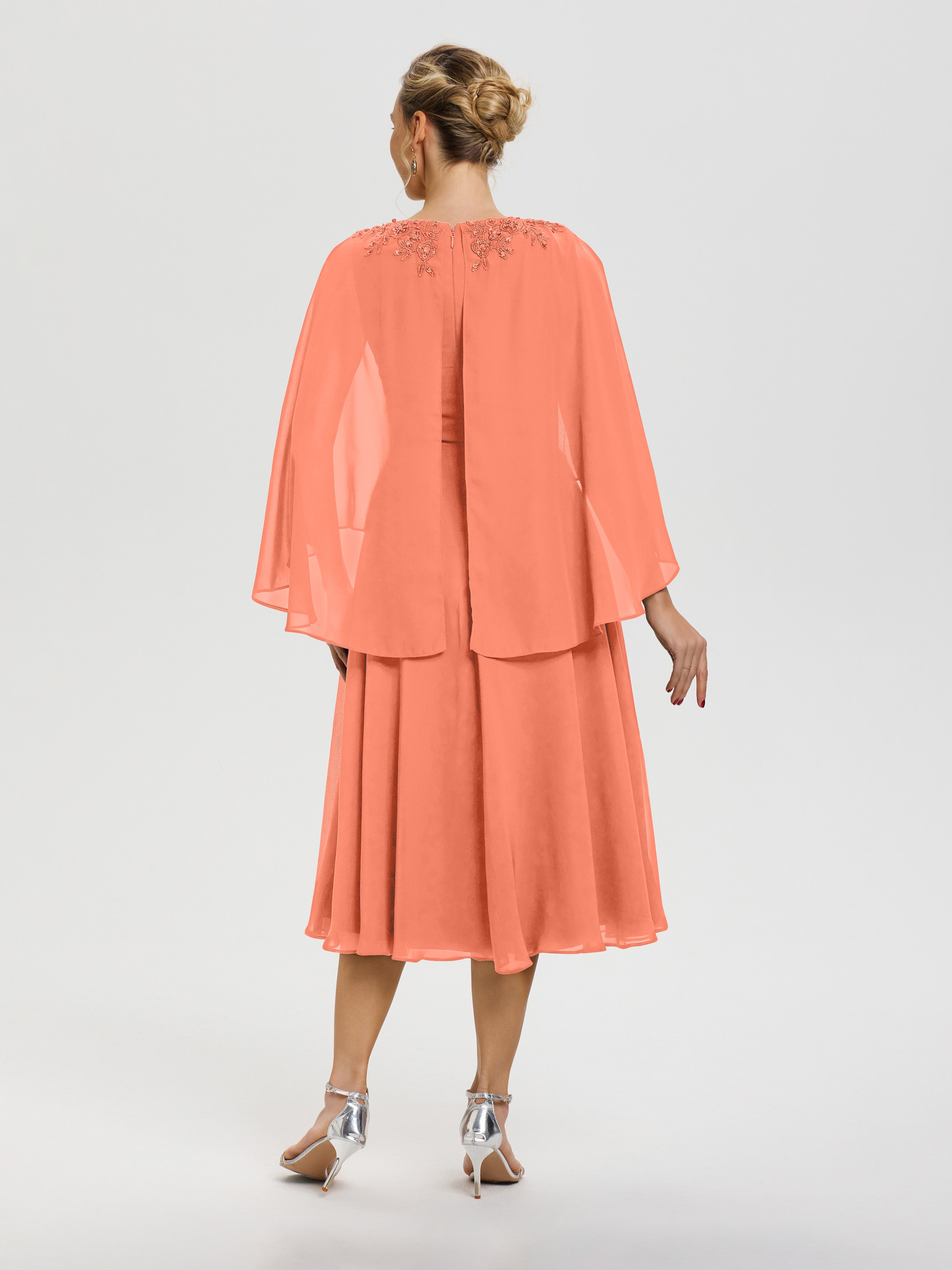 Robe Pour Mère De La Mariée Coucher De Soleil 3/4 Manches Col V Mousseline & Dentelle Robe Mère De Mariée