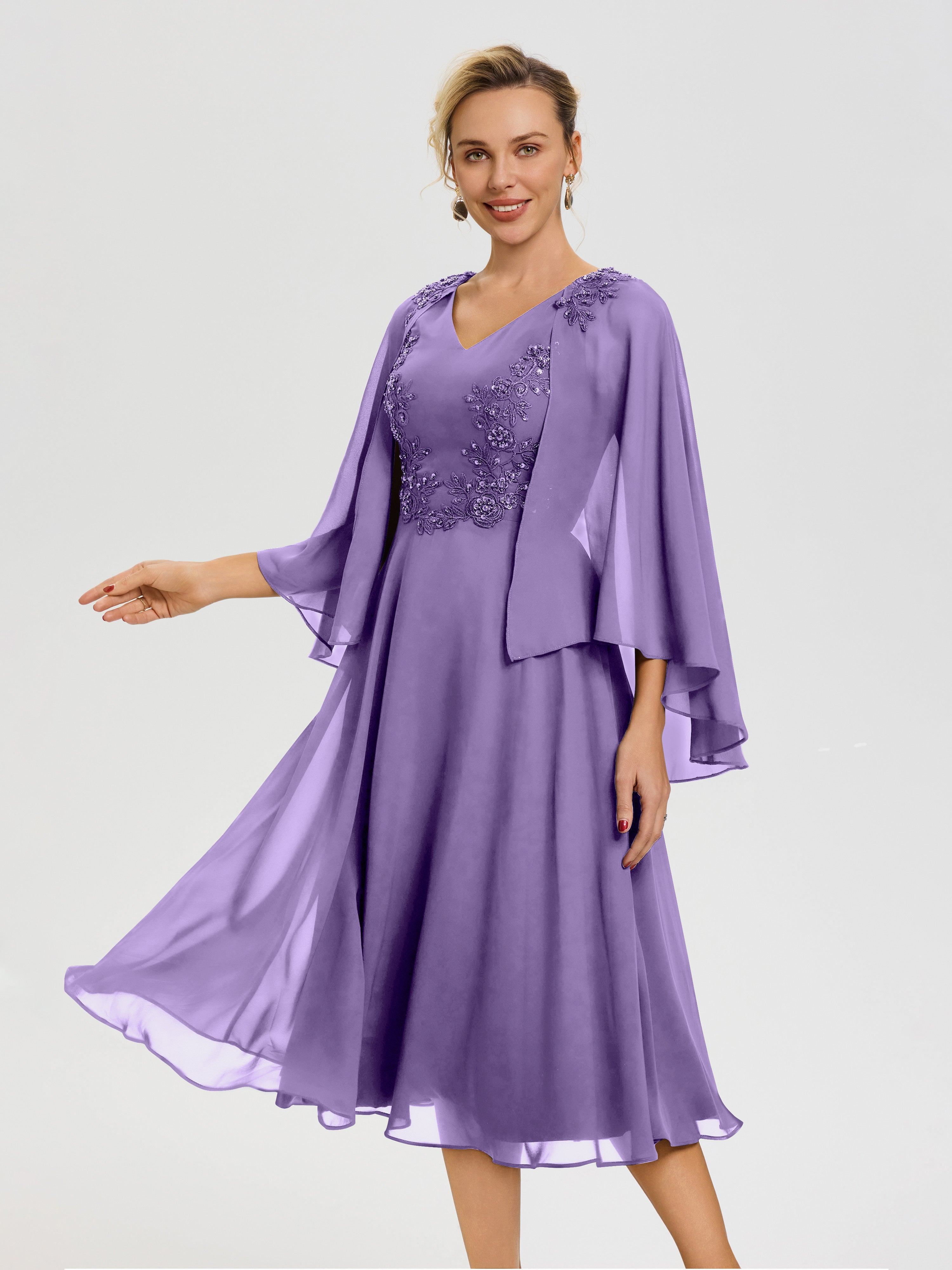 Robe Mère Mariée Moderne Tahiti 3/4 Manches Col V Mousseline & Dentelle Robe Mère De Mariée