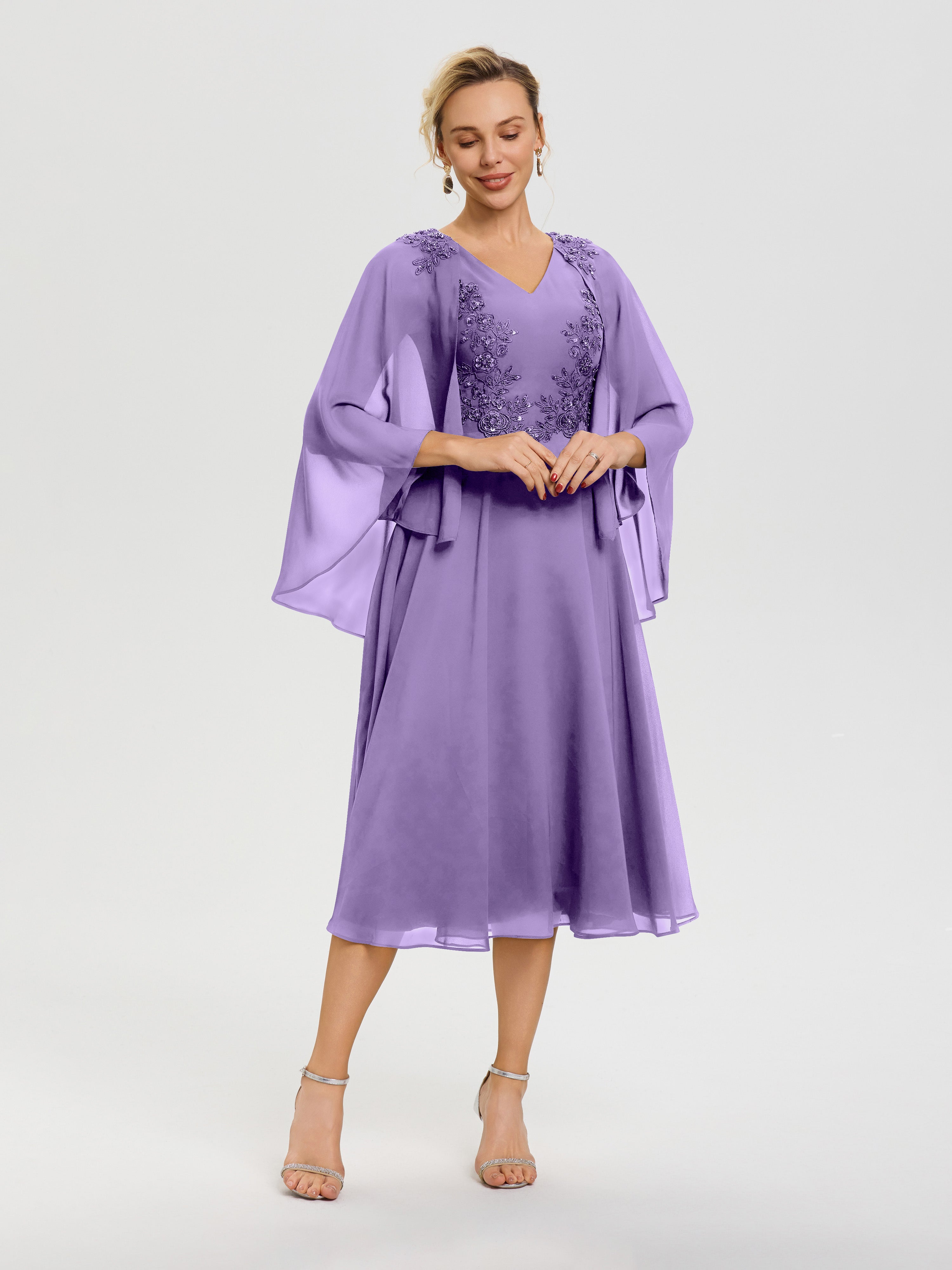 Robe Mère Mariée Moderne Tahiti 3/4 Manches Col V Mousseline & Dentelle Robe Mère De Mariée