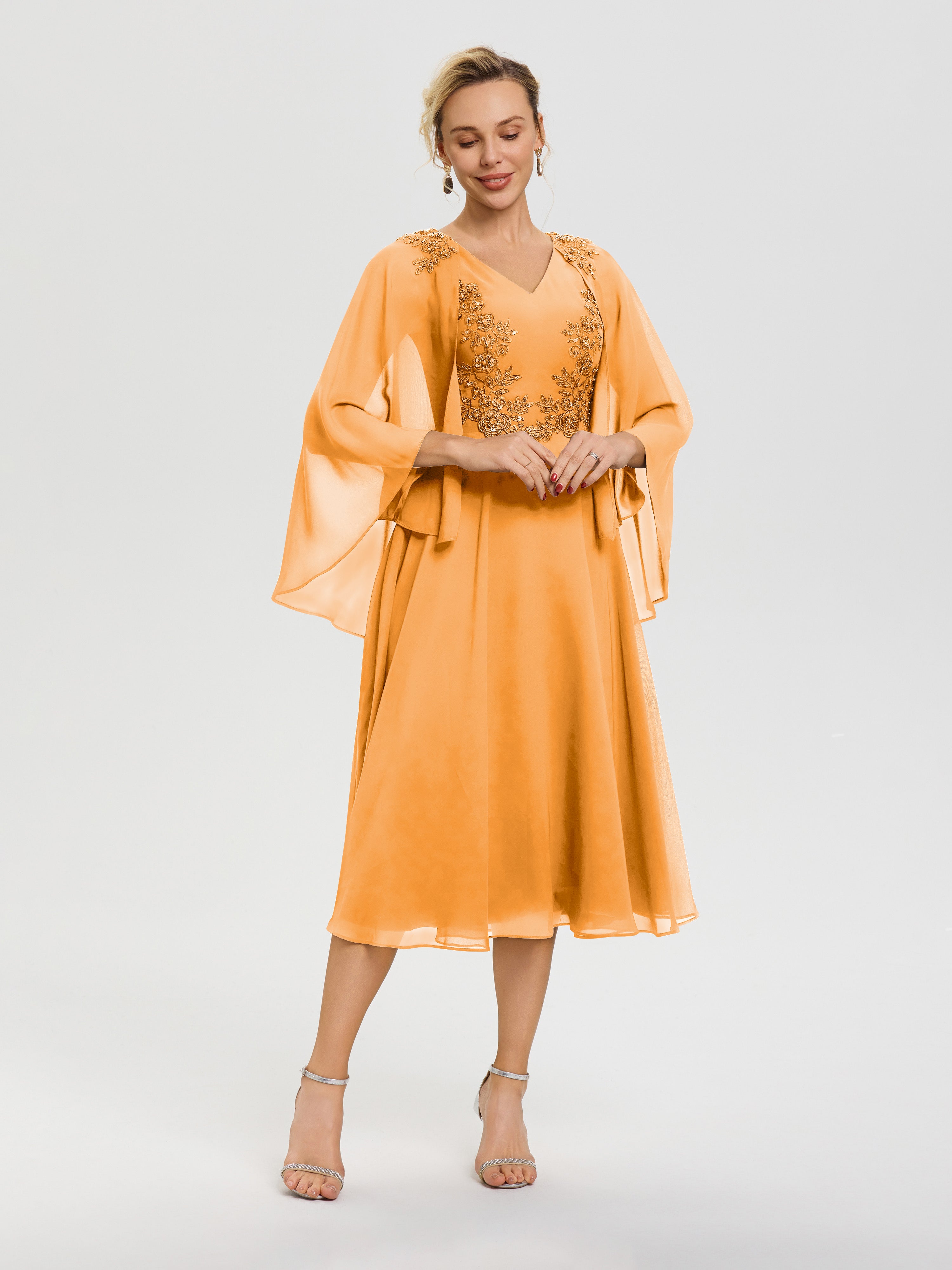 Robe Pour Mère De La Mariée Mandarine 3/4 Manches Col V Mousseline & Dentelle Robe Mère De Mariée