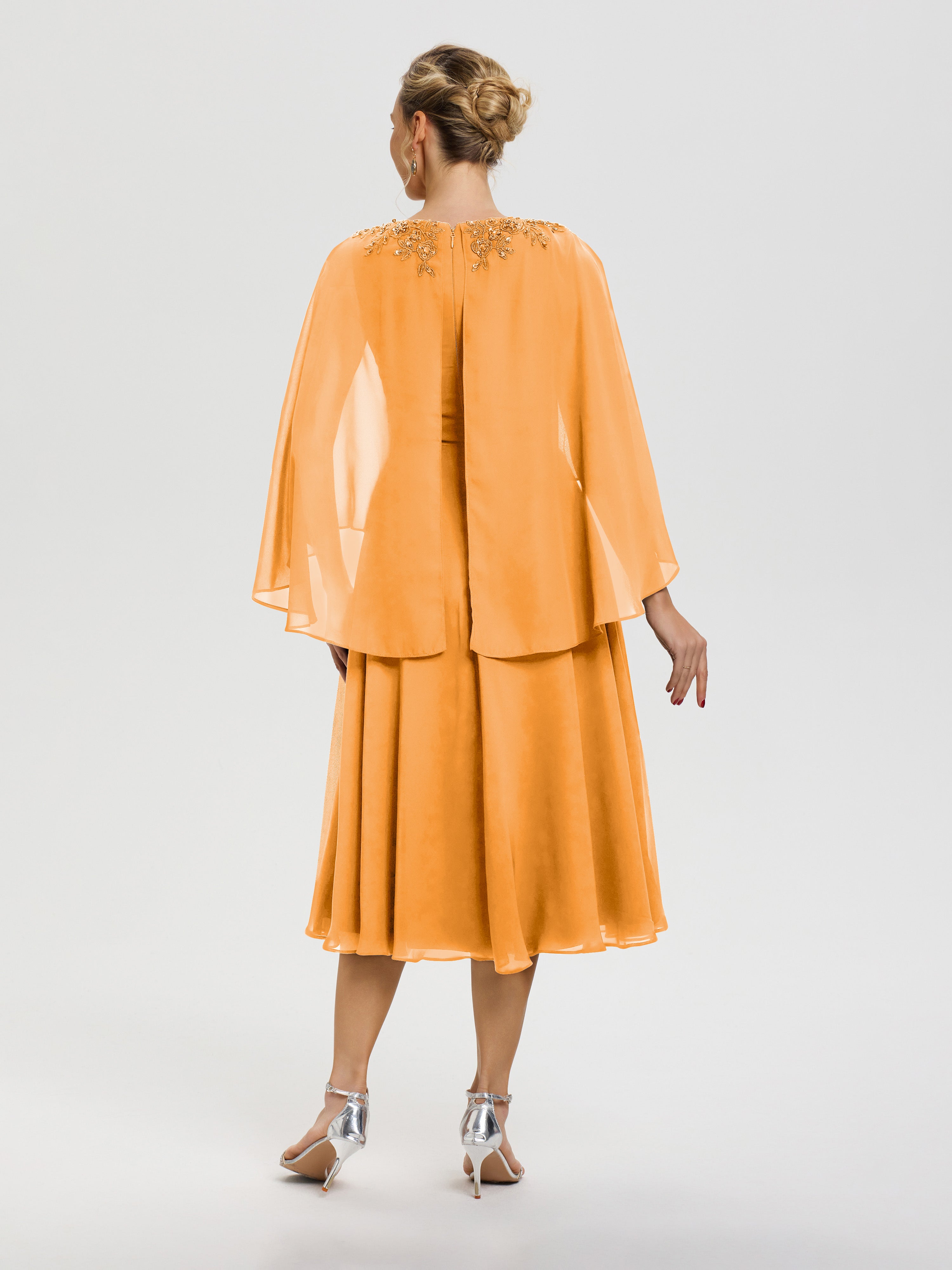 Robe Pour Mère De La Mariée Mandarine 3/4 Manches Col V Mousseline & Dentelle Robe Mère De Mariée