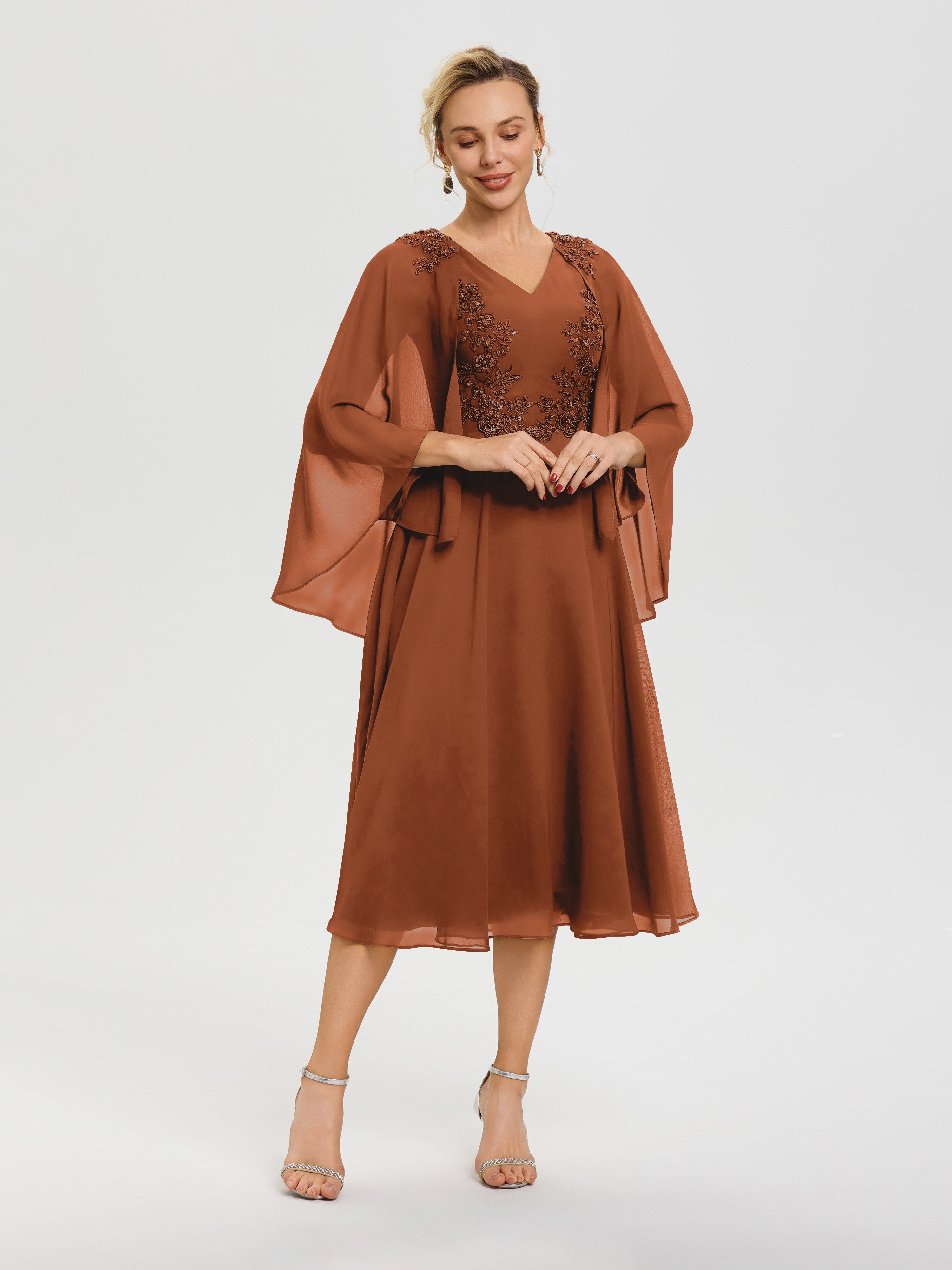 Robe Mere De La Mariee Terracotta 3/4 Manches Col V Mousseline & Dentelle Robe Mère De Mariée