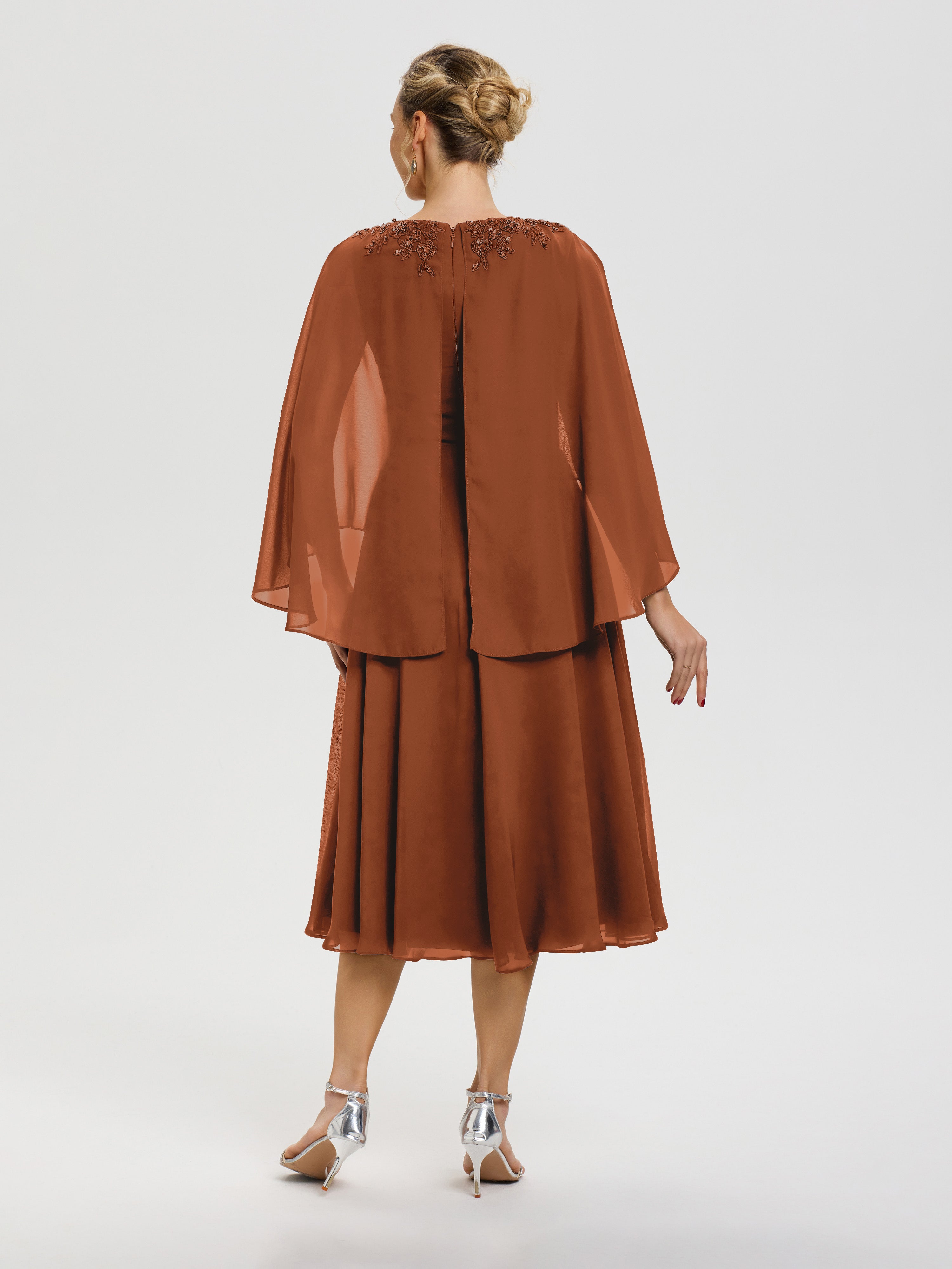 Robe Mere De La Mariee Terracotta 3/4 Manches Col V Mousseline & Dentelle Robe Mère De Mariée