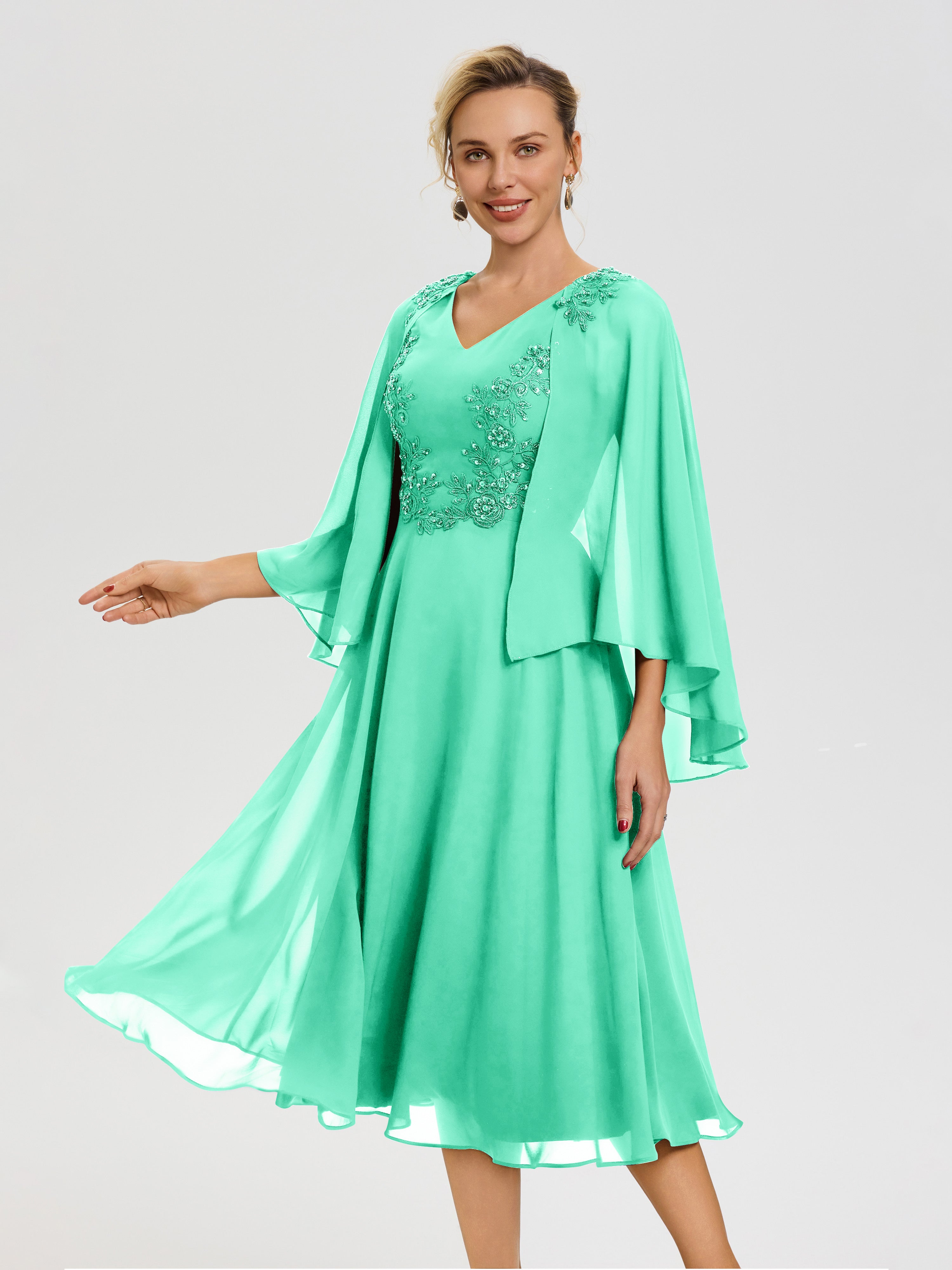 Robe Mère Mariée Moderne Turquoise 3/4 Manches Col V Mousseline & Dentelle Robe Mère De Mariée