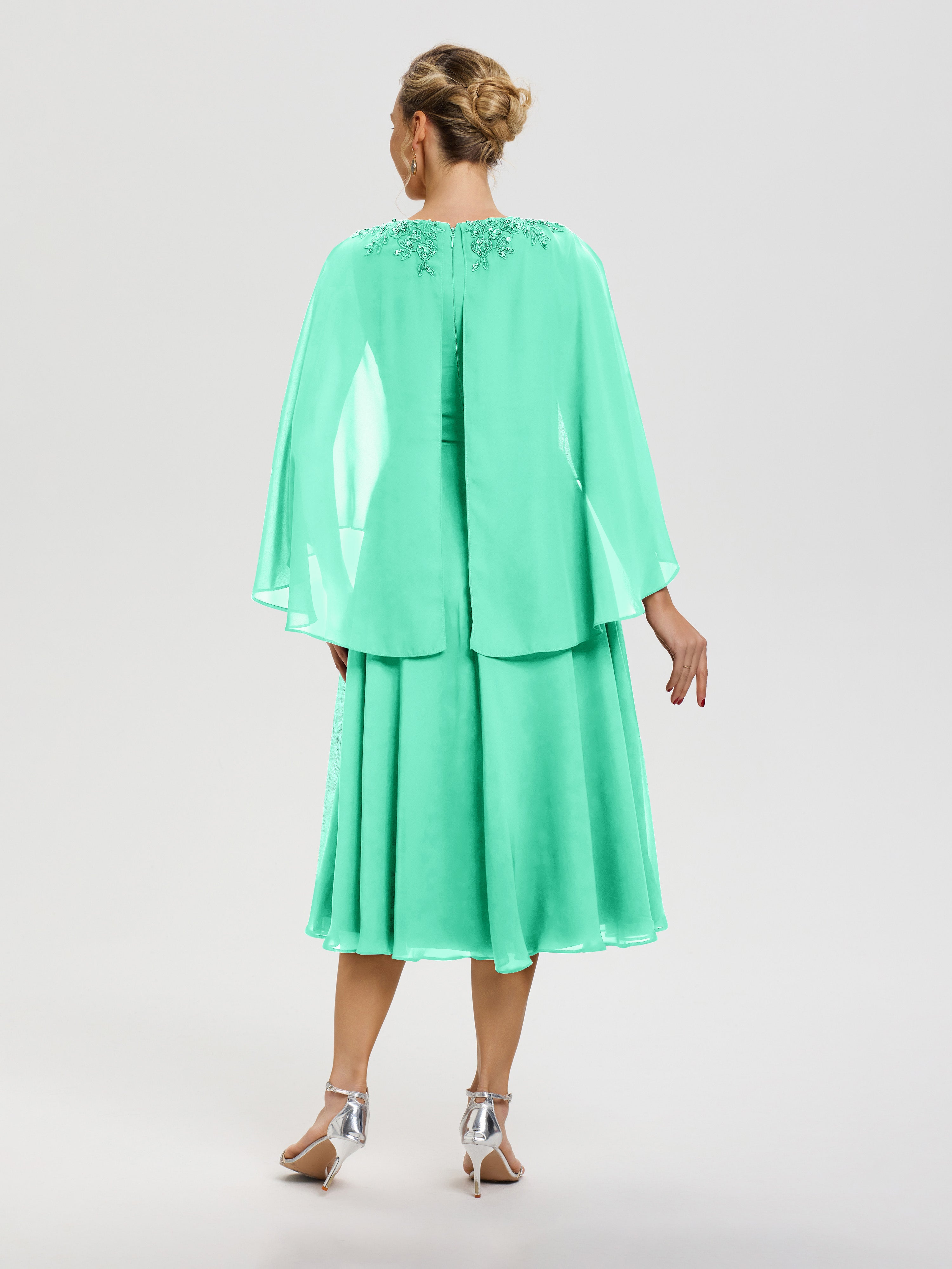 Robe Mère Mariée Moderne Turquoise 3/4 Manches Col V Mousseline & Dentelle Robe Mère De Mariée
