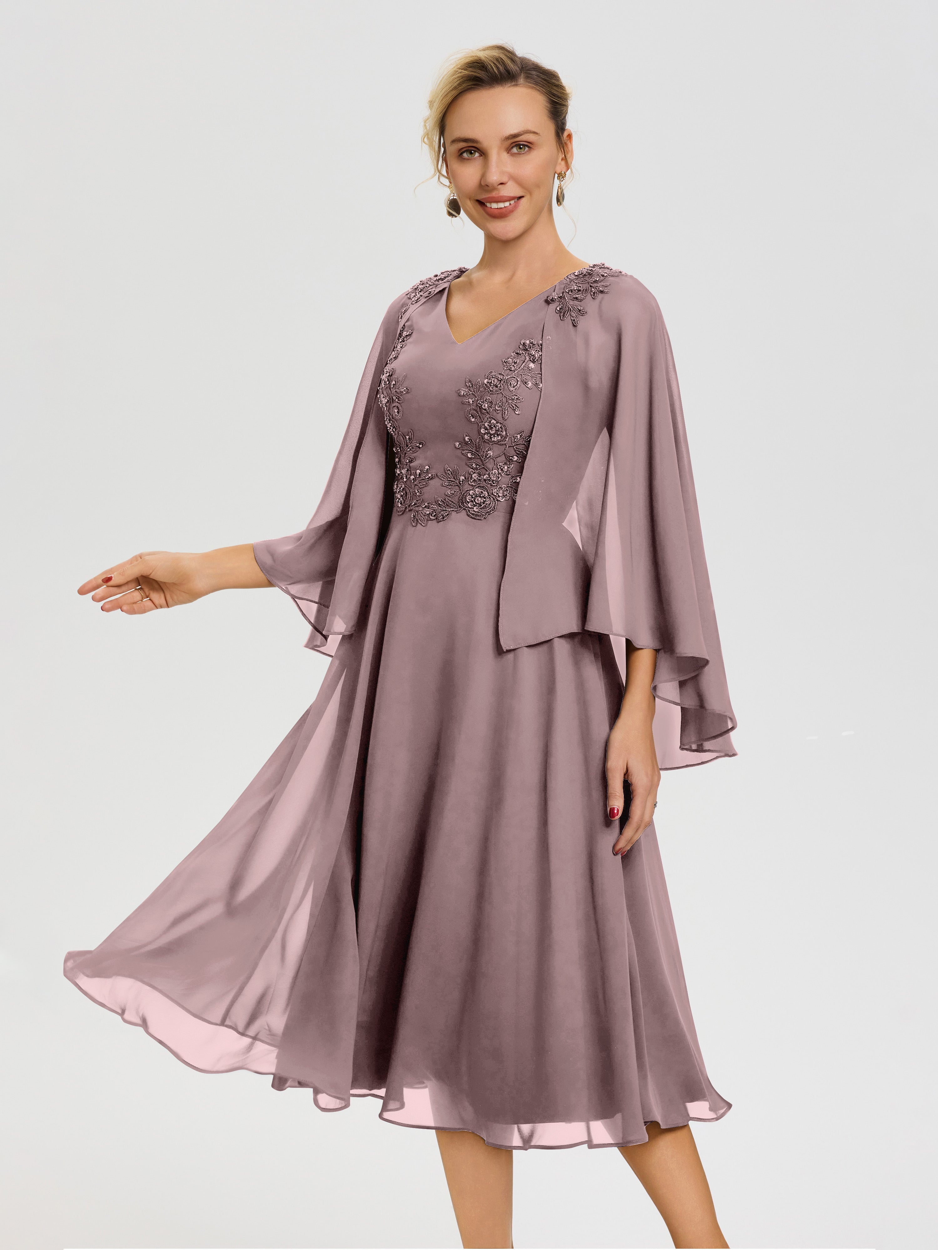 Robe Mère Mariée Moderne Vintage Mauve 3/4 Manches Col V Mousseline & Dentelle Robe Mère De Mariée