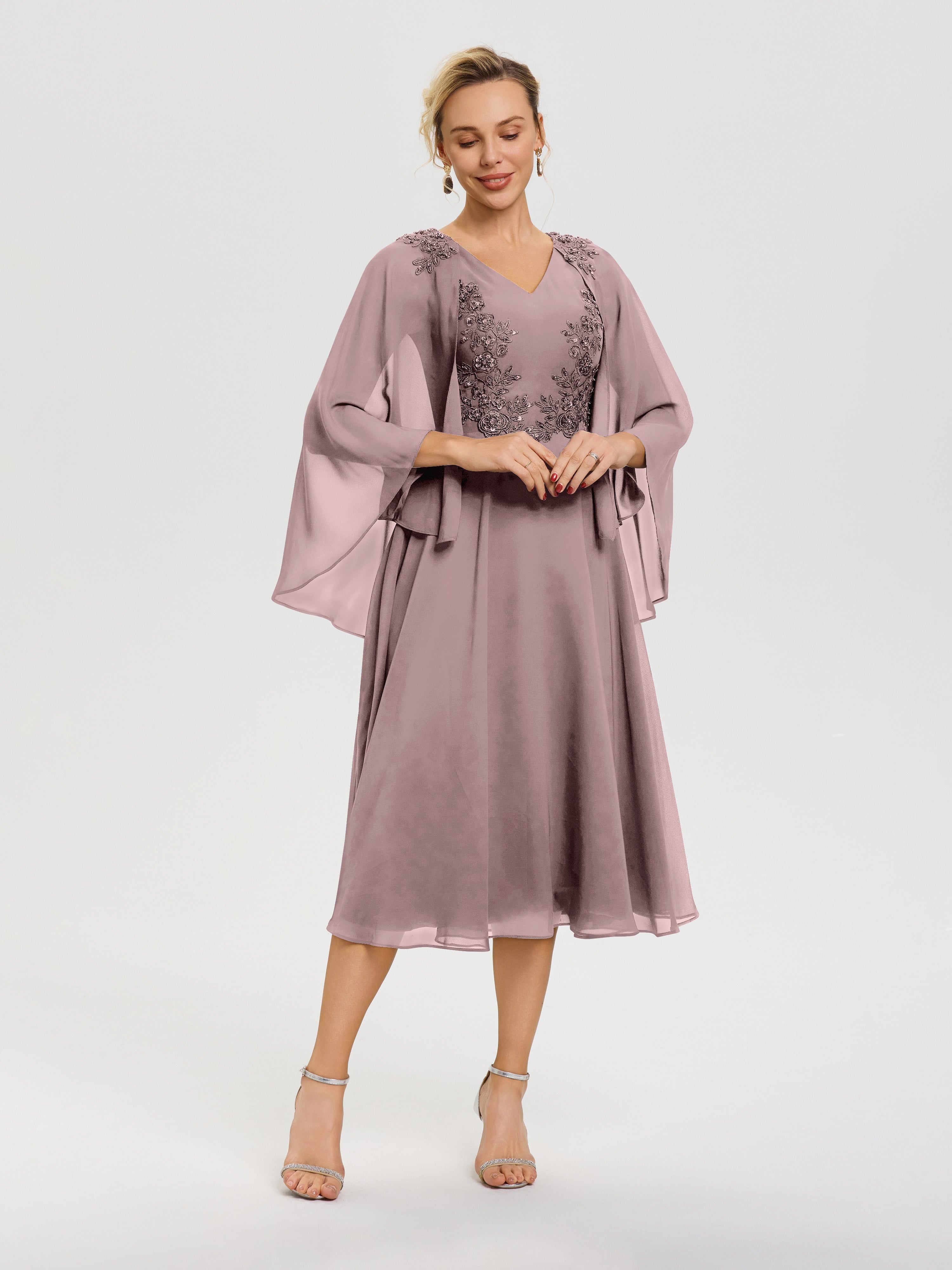Robe Mère Mariée Moderne Vintage Mauve 3/4 Manches Col V Mousseline & Dentelle Robe Mère De Mariée