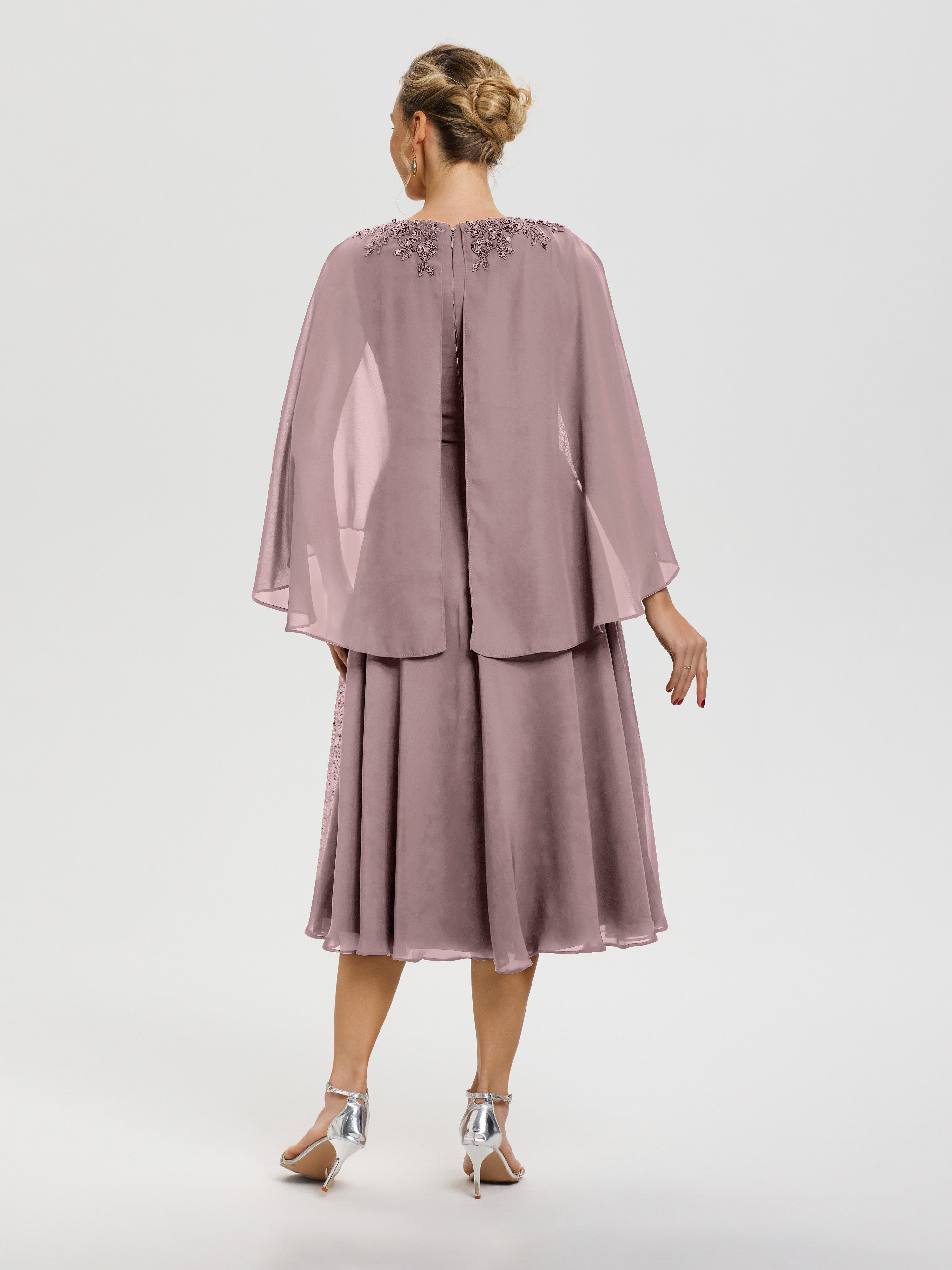 Robe Mère Mariée Moderne Vintage Mauve 3/4 Manches Col V Mousseline & Dentelle Robe Mère De Mariée