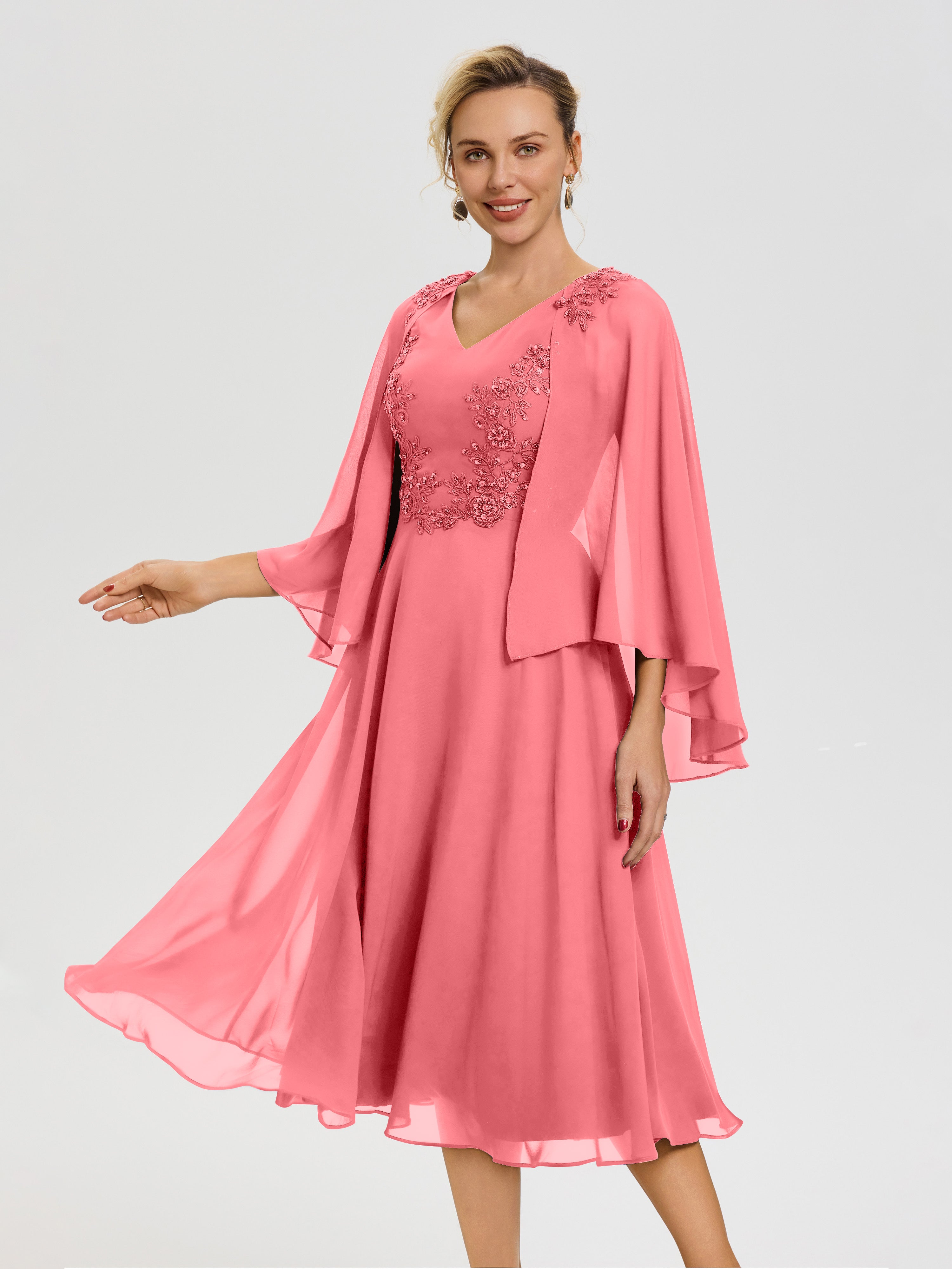 Robe De Cérémonie Mère Du Marié Pastèque 3/4 Manches Col V Mousseline & Dentelle Robe Mère De Mariée