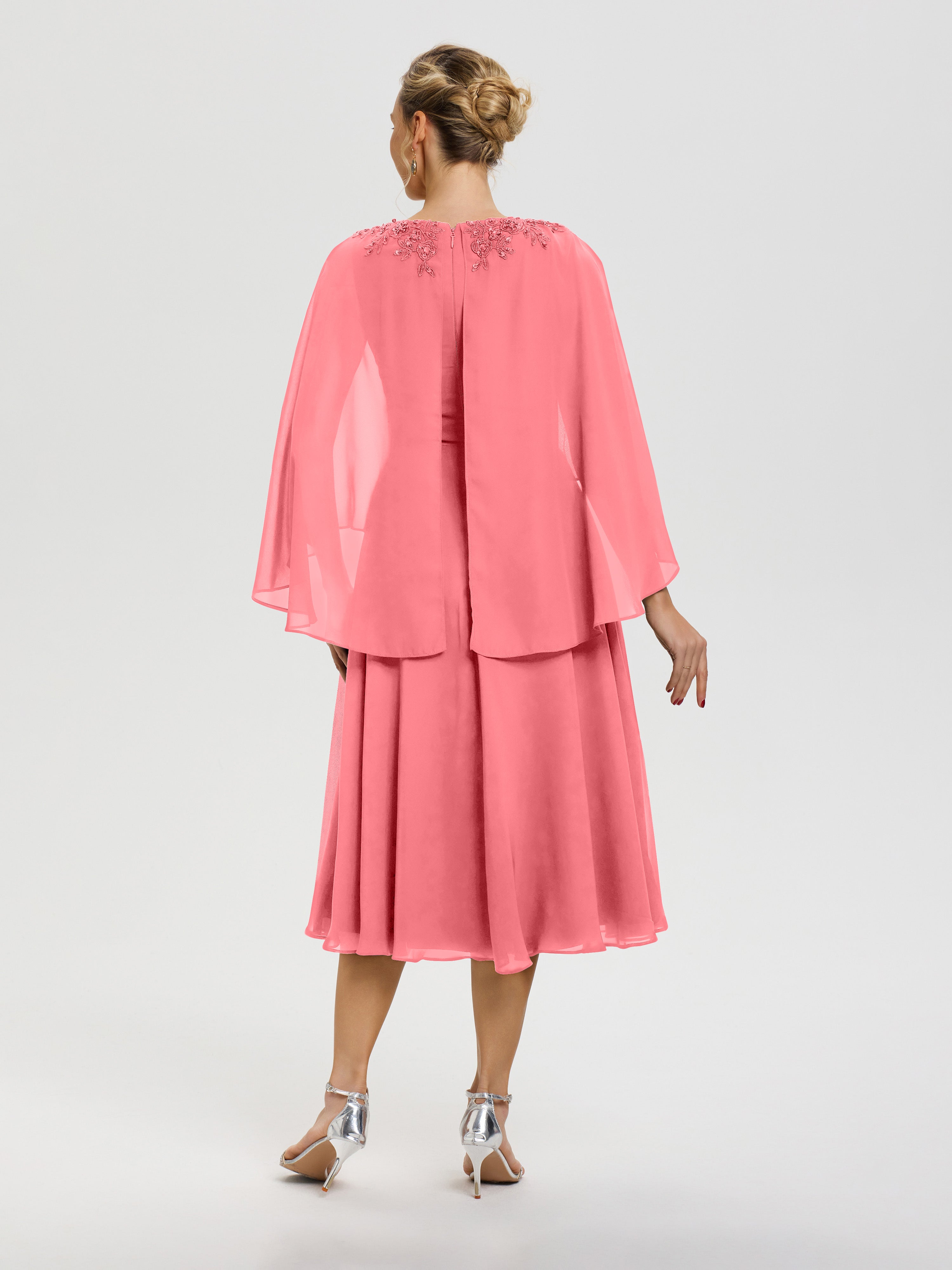 Robe De Cérémonie Mère Du Marié Pastèque 3/4 Manches Col V Mousseline & Dentelle Robe Mère De Mariée