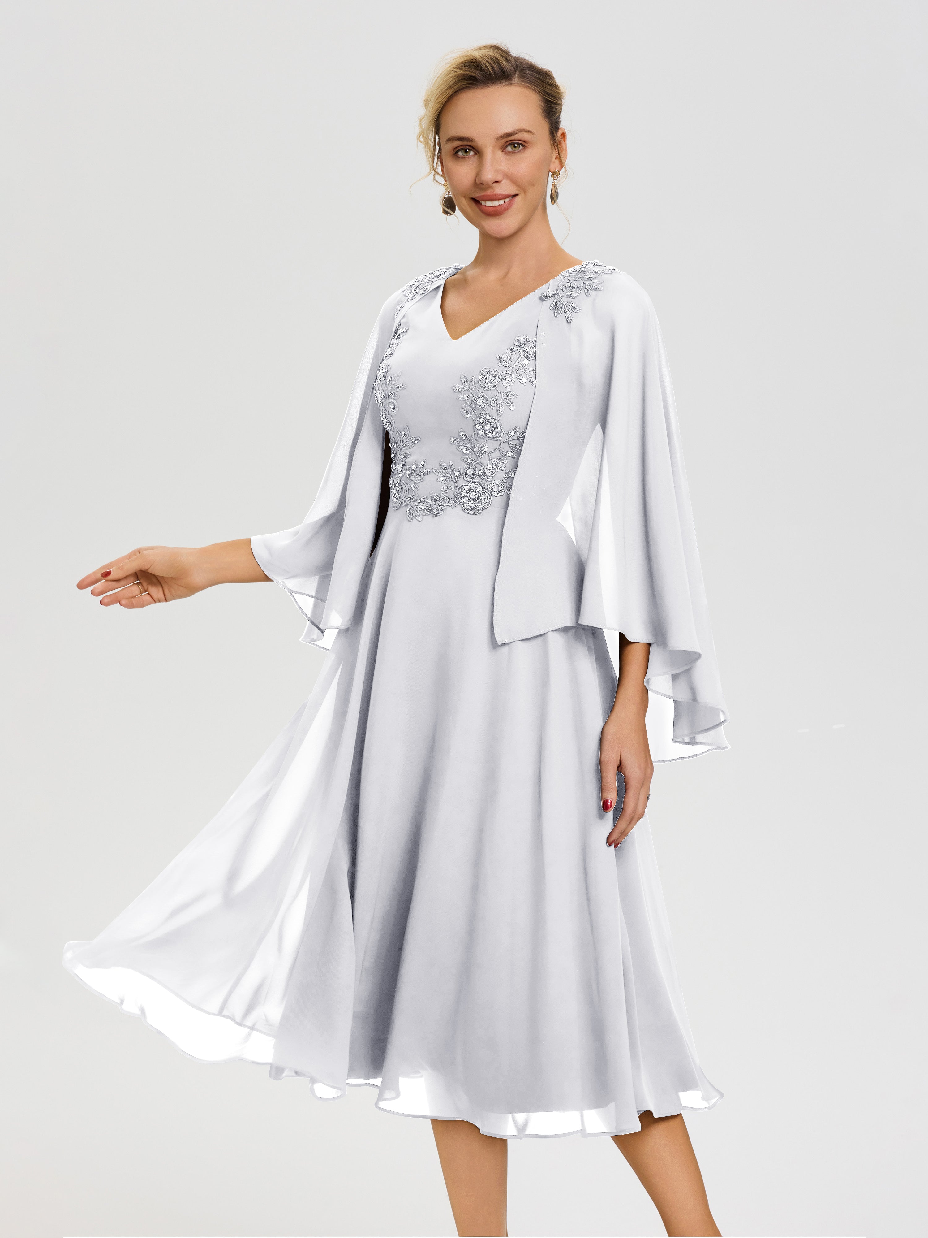 Robe Mère Du Marié Blanc 3/4 Manches Col V Mousseline & Dentelle Robe Mère De Mariée