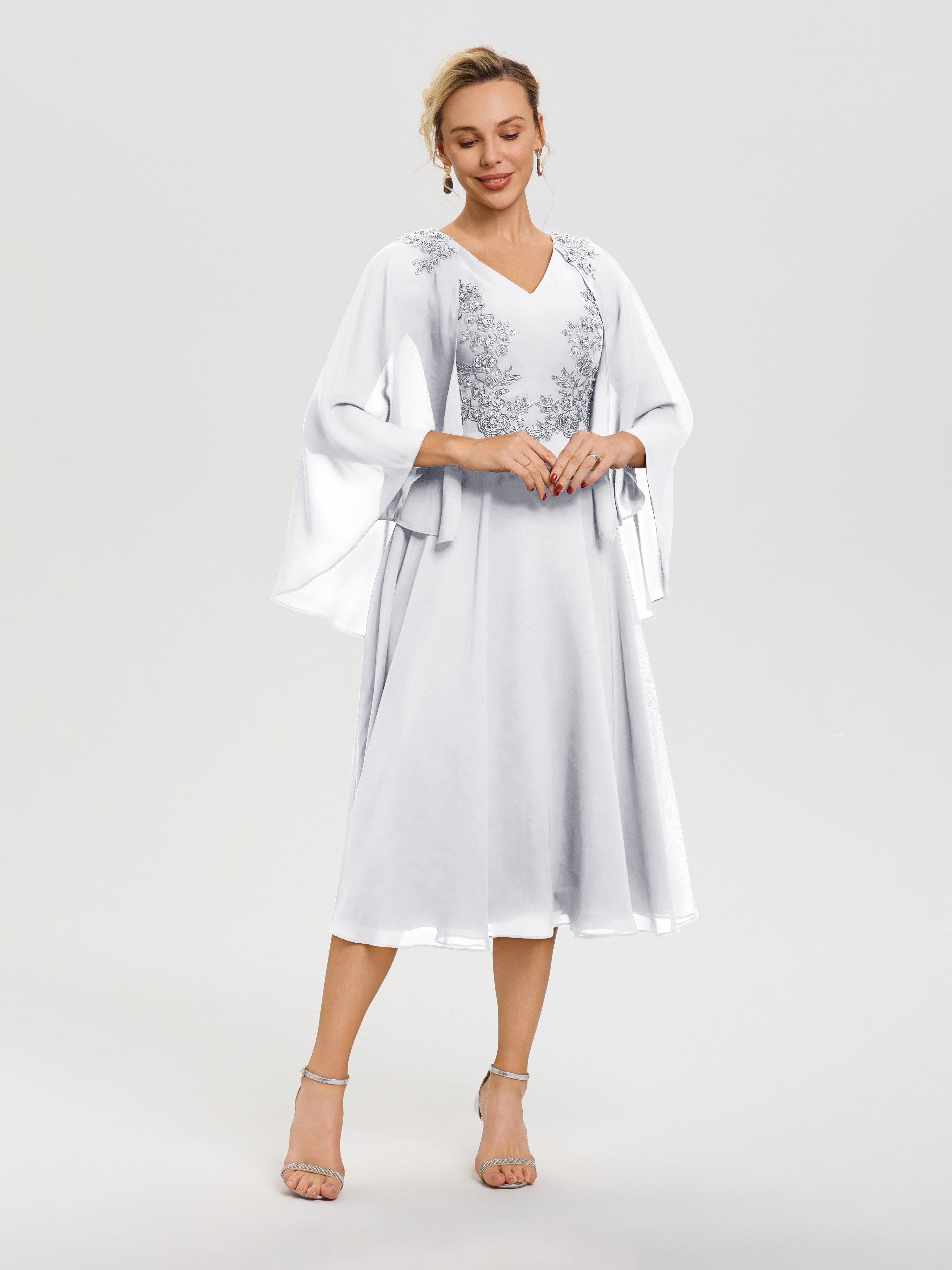 Robe Mère Du Marié Blanc 3/4 Manches Col V Mousseline & Dentelle Robe Mère De Mariée