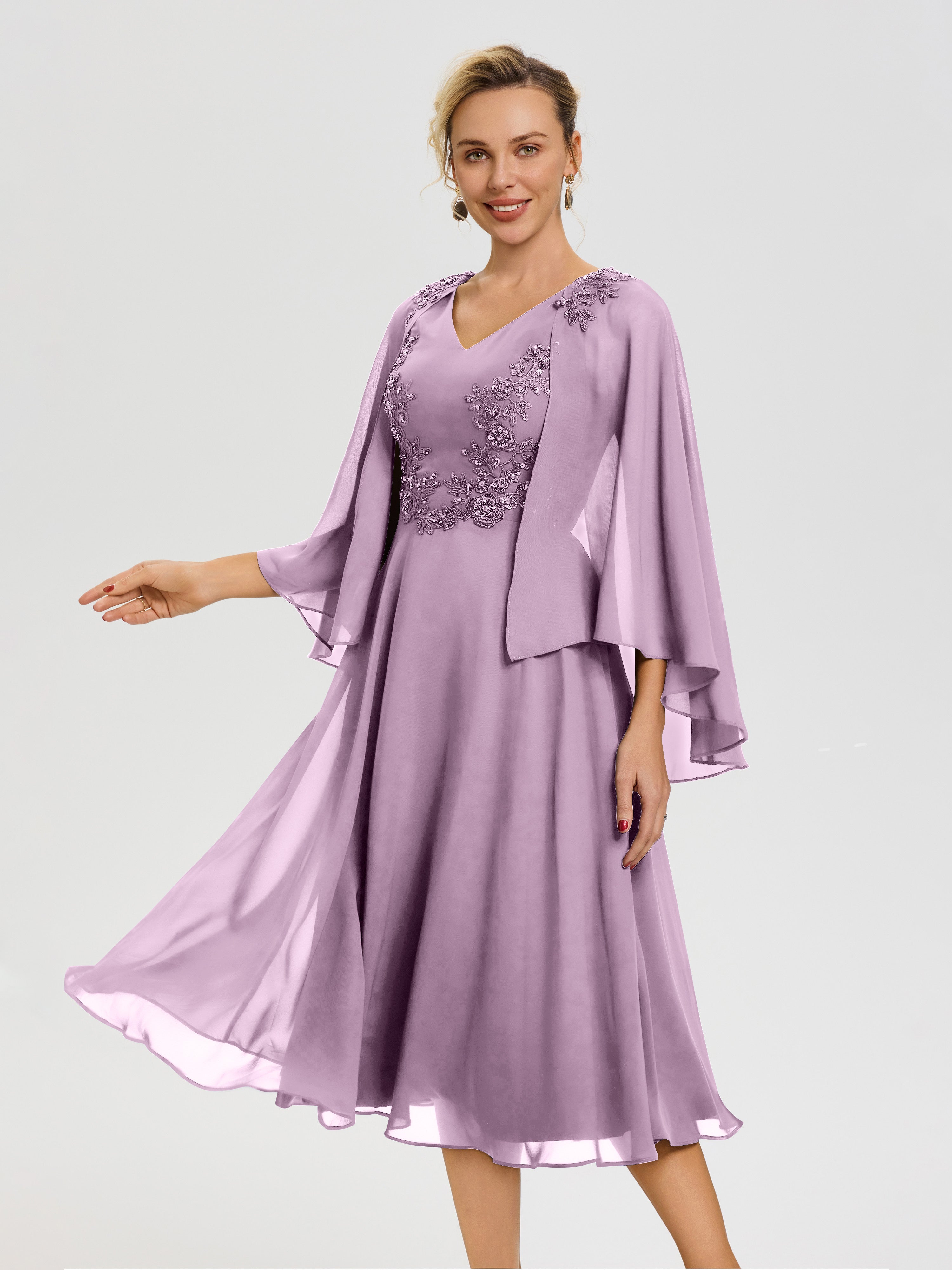 Robe Mère De Mariée Glycine 3/4 Manches Col V Mousseline & Dentelle Robe Mère De Mariée
