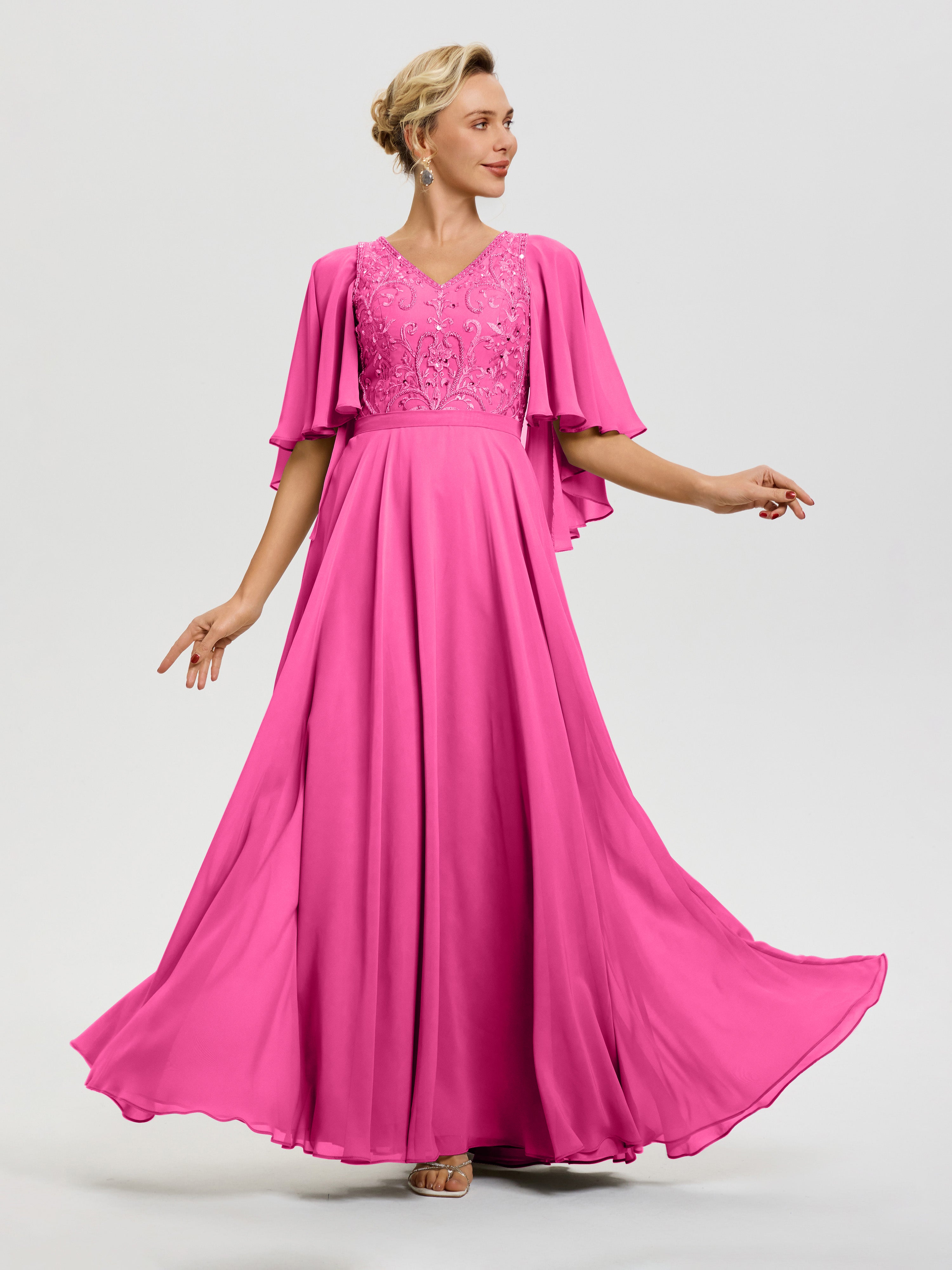 Robe Mère Du Marié Azalée Col V Mousseline & Dentelle Robe Mère De Mariée Manches À Volants