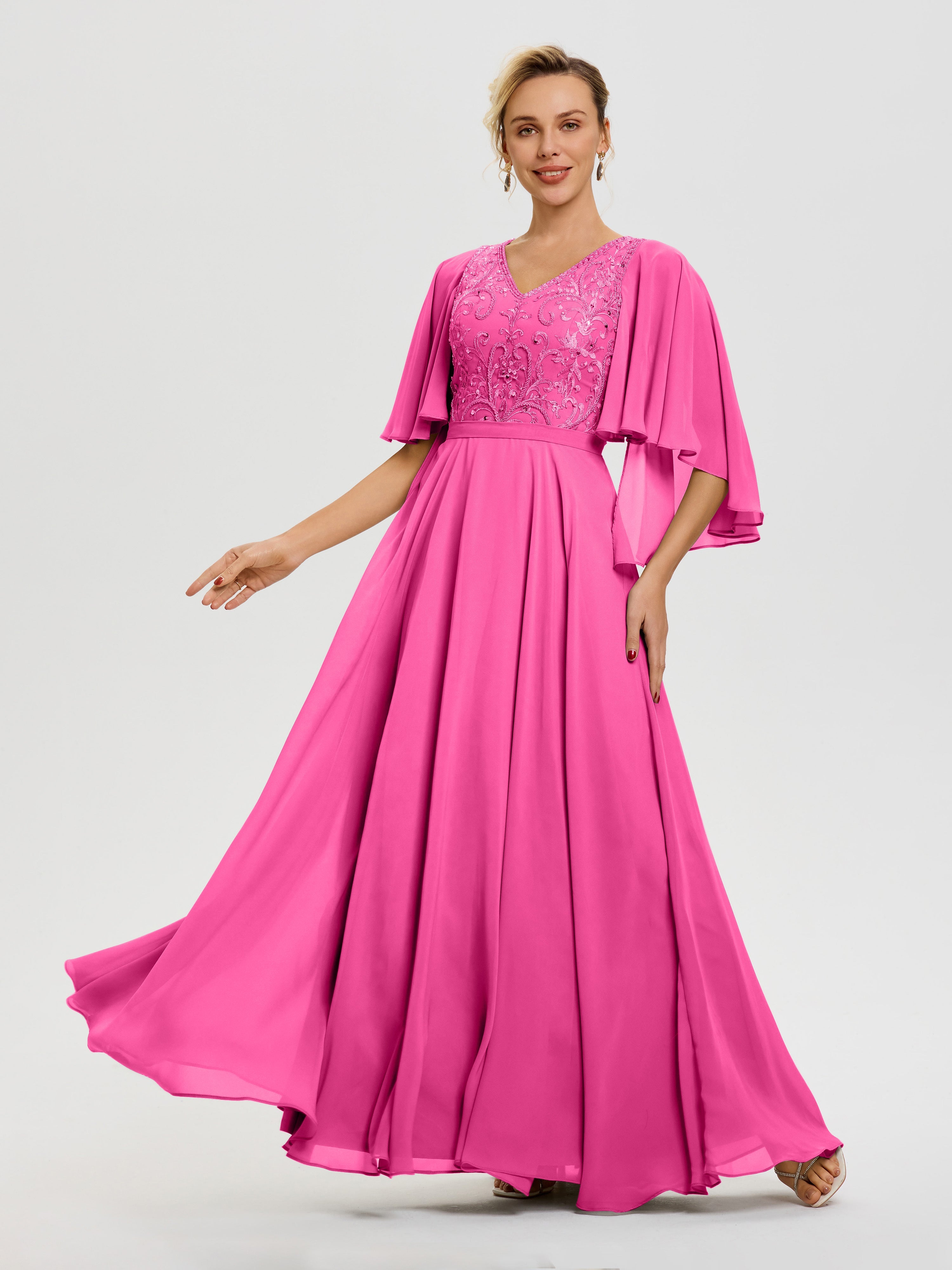 Robe Mère Du Marié Azalée Col V Mousseline & Dentelle Robe Mère De Mariée Manches À Volants
