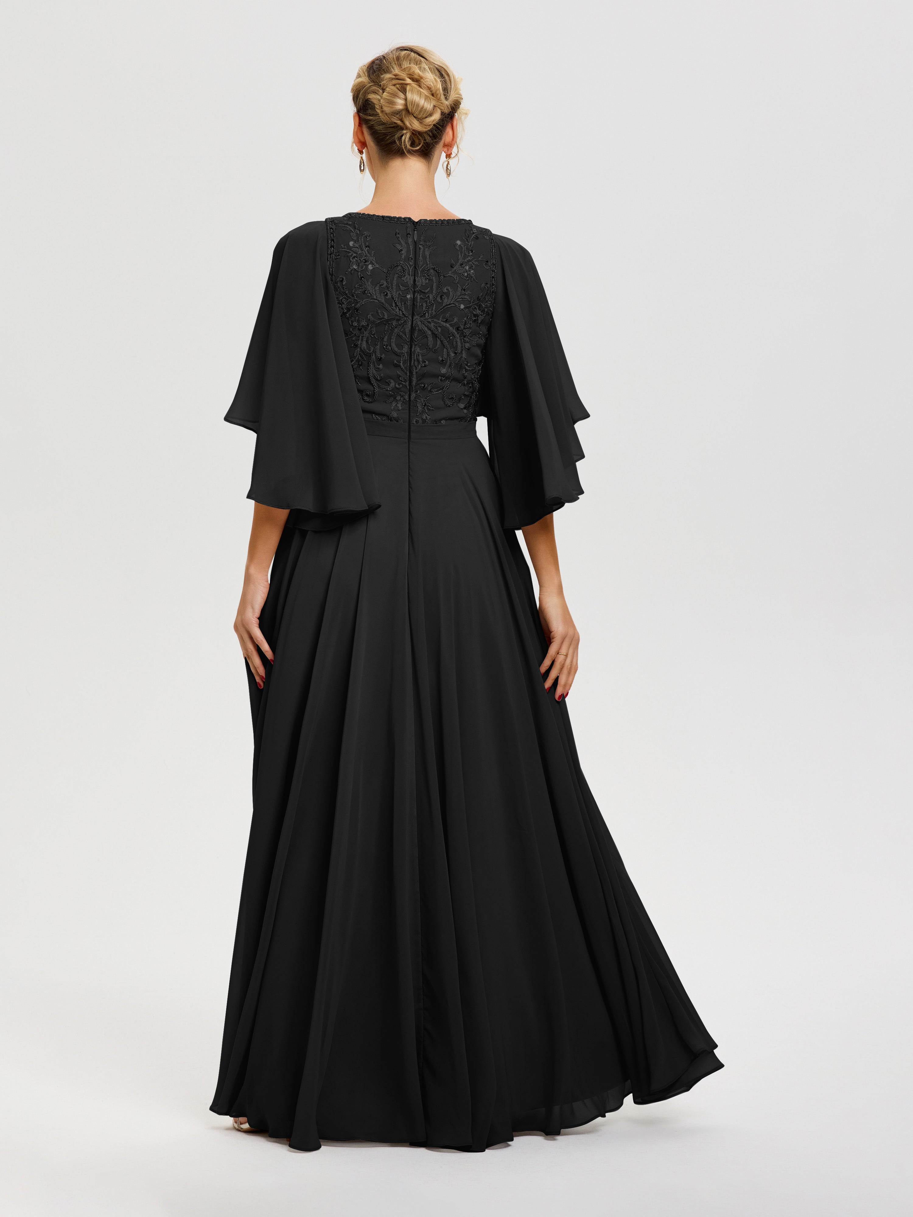 Robe Mariage Mère De La Mariée Noir Col V Mousseline & Dentelle Robe Mère De Mariée Manches À Volants