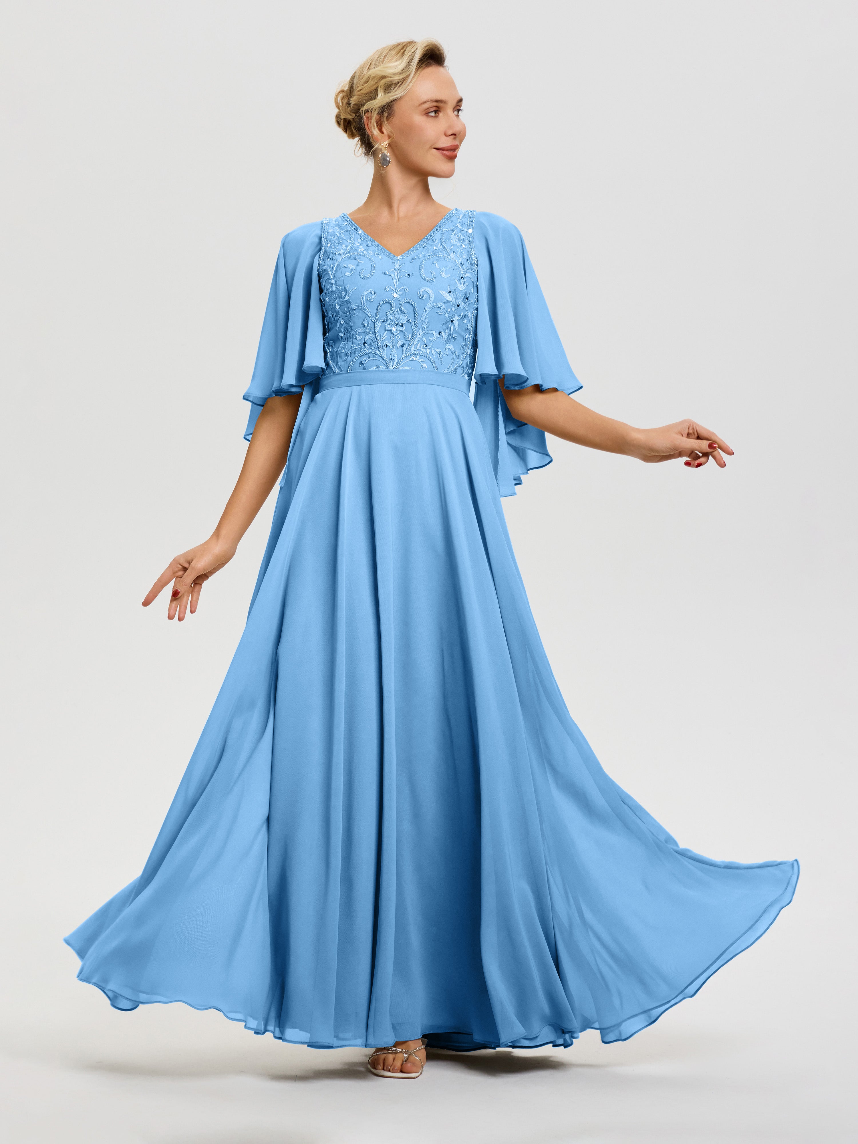 Robe Mère De La Mariée Moderne Bleu Col V Mousseline & Dentelle Robe Mère De Mariée Manches À Volants