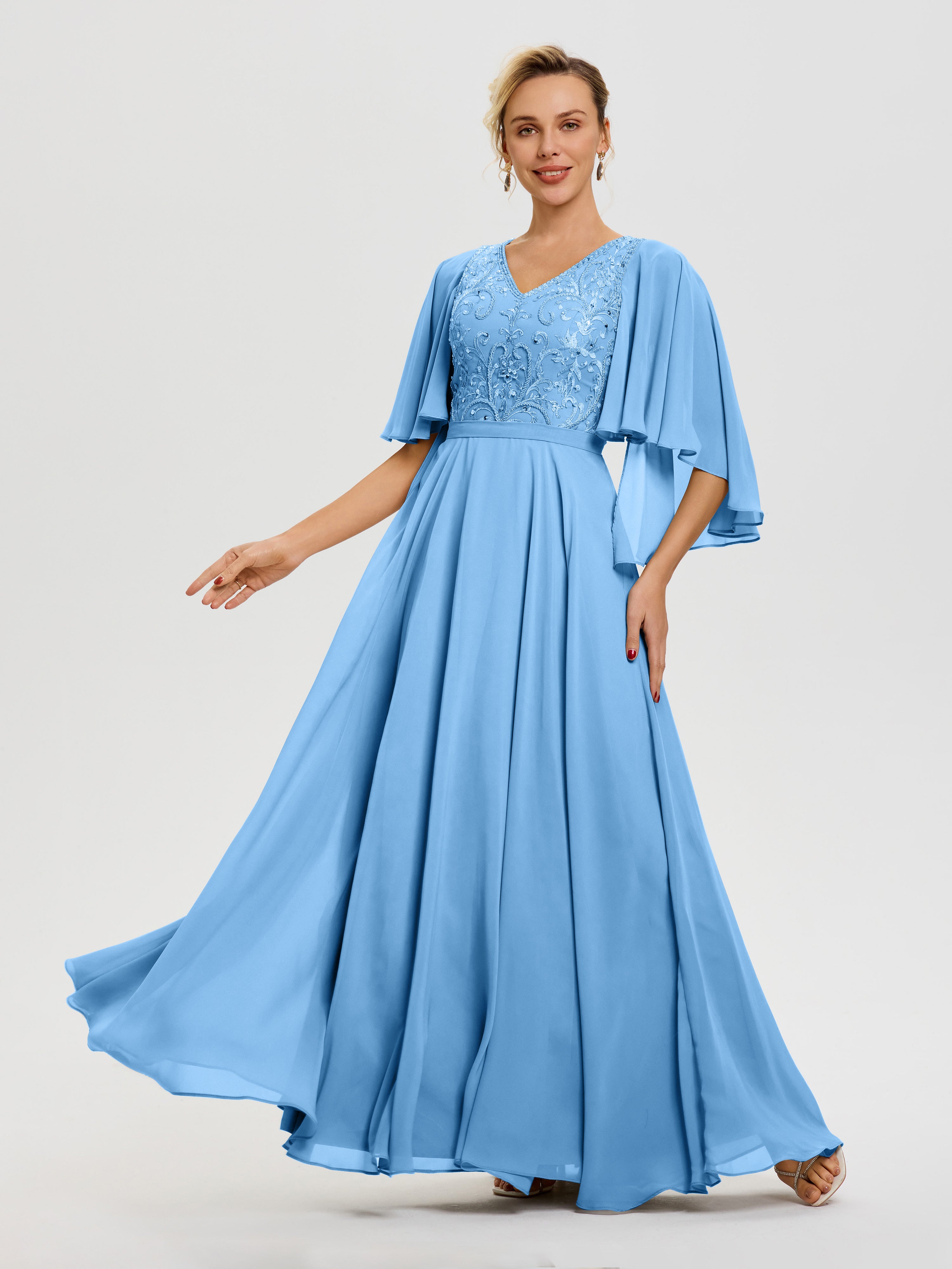 Robe Mère De La Mariée Moderne Bleu Col V Mousseline & Dentelle Robe Mère De Mariée Manches À Volants