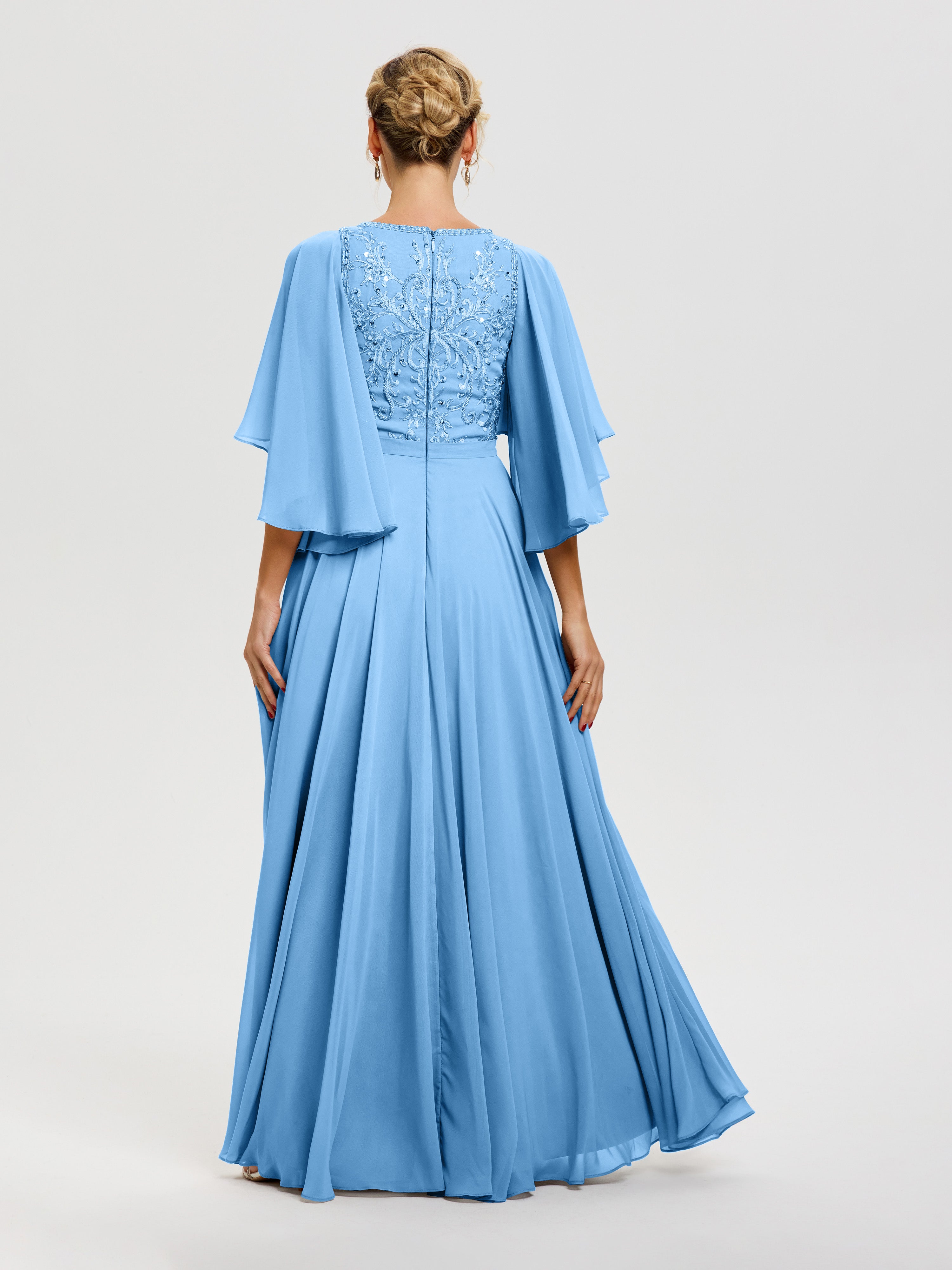 Robe Mère De La Mariée Moderne Bleu Col V Mousseline & Dentelle Robe Mère De Mariée Manches À Volants