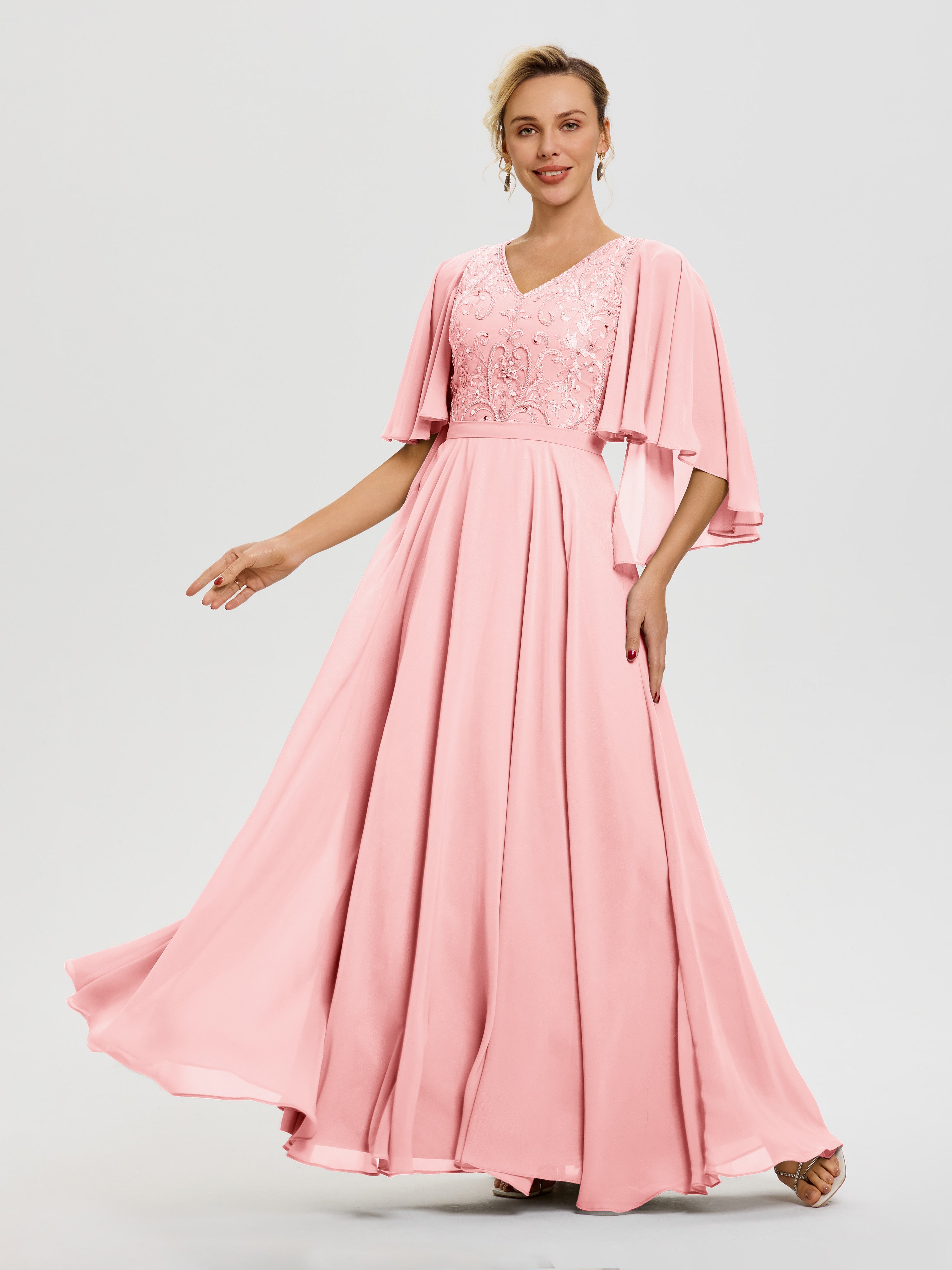 Robe Mere De La Mariee Rose Col V Mousseline & Dentelle Robe Mère De Mariée Manches À Volants