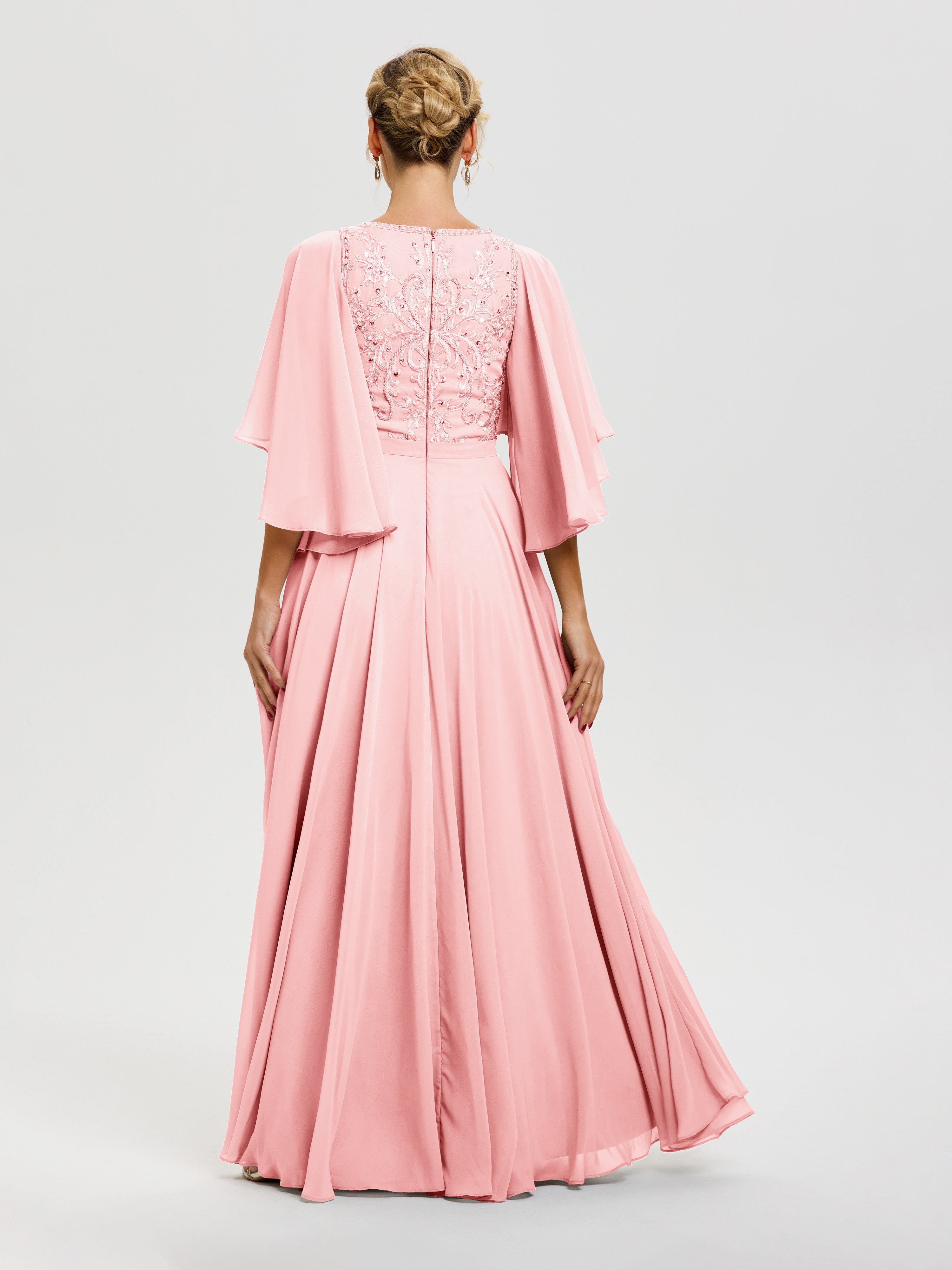 Robe Mere De La Mariee Rose Col V Mousseline & Dentelle Robe Mère De Mariée Manches À Volants