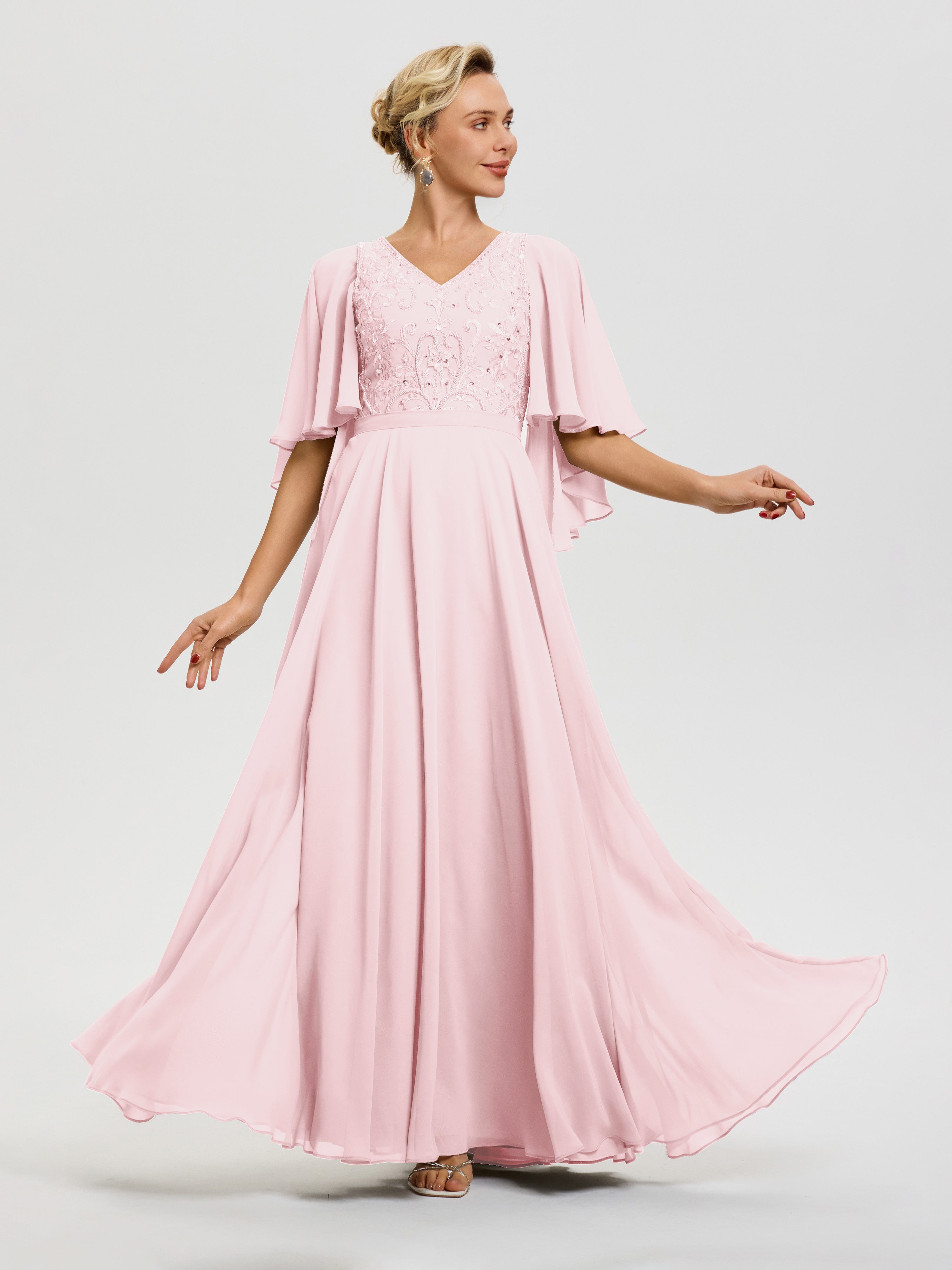 Robe Pour Mère De Mariée Rose Pâle Col V Mousseline & Dentelle Robe Mère De Mariée Manches À Volants