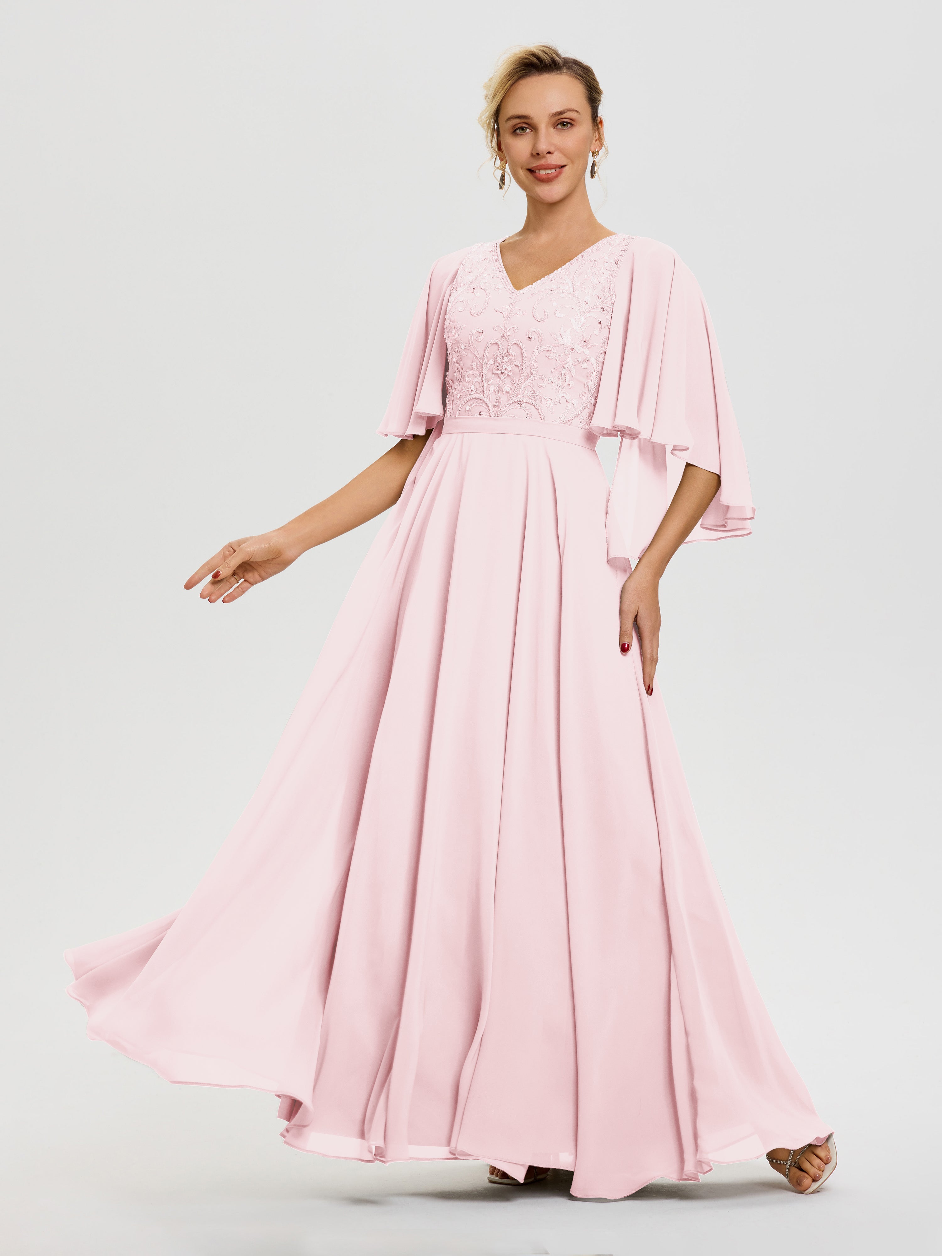 Robe Pour Mère De Mariée Rose Pâle Col V Mousseline & Dentelle Robe Mère De Mariée Manches À Volants