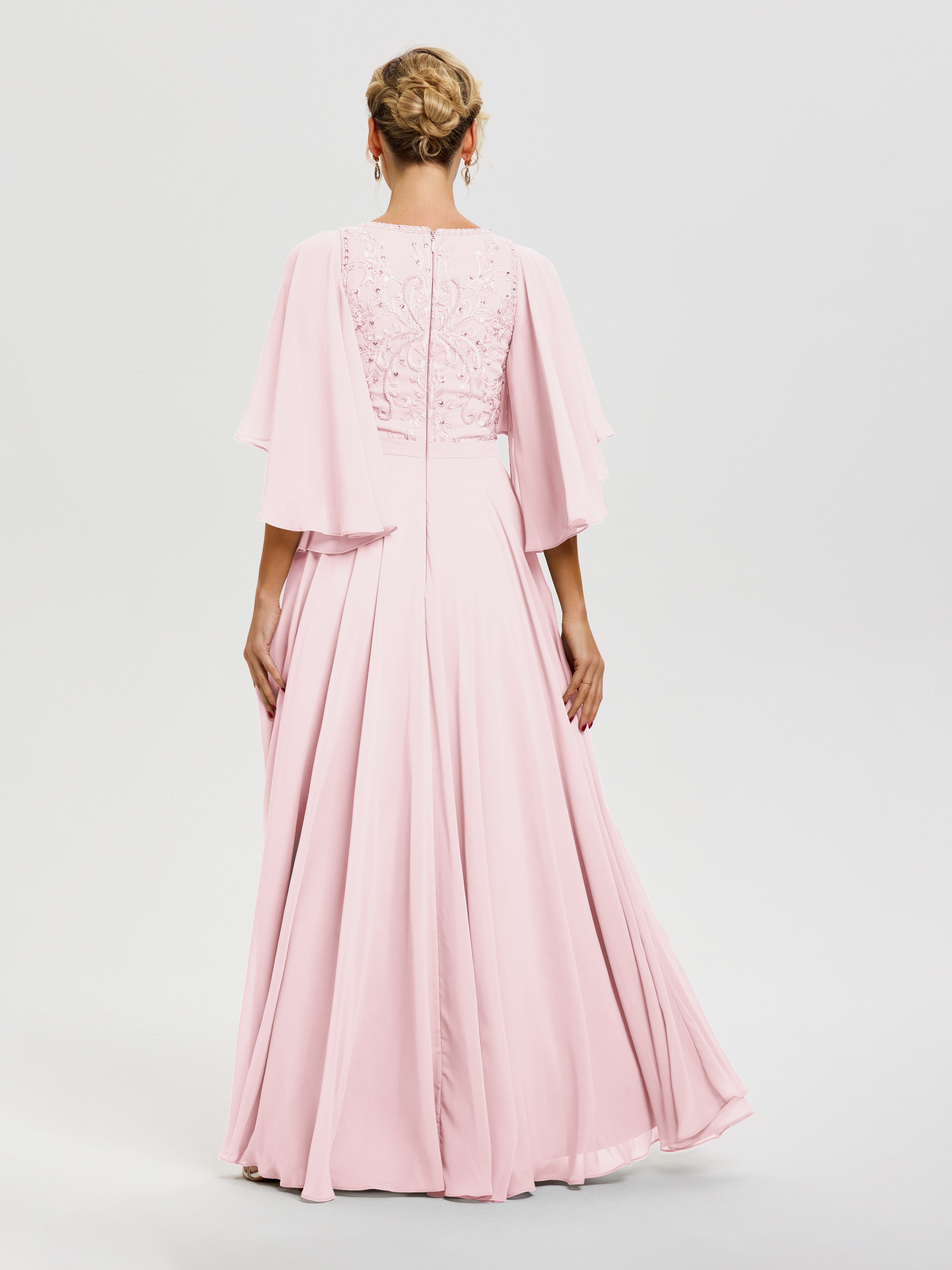 Robe Pour Mère De Mariée Rose Pâle Col V Mousseline & Dentelle Robe Mère De Mariée Manches À Volants