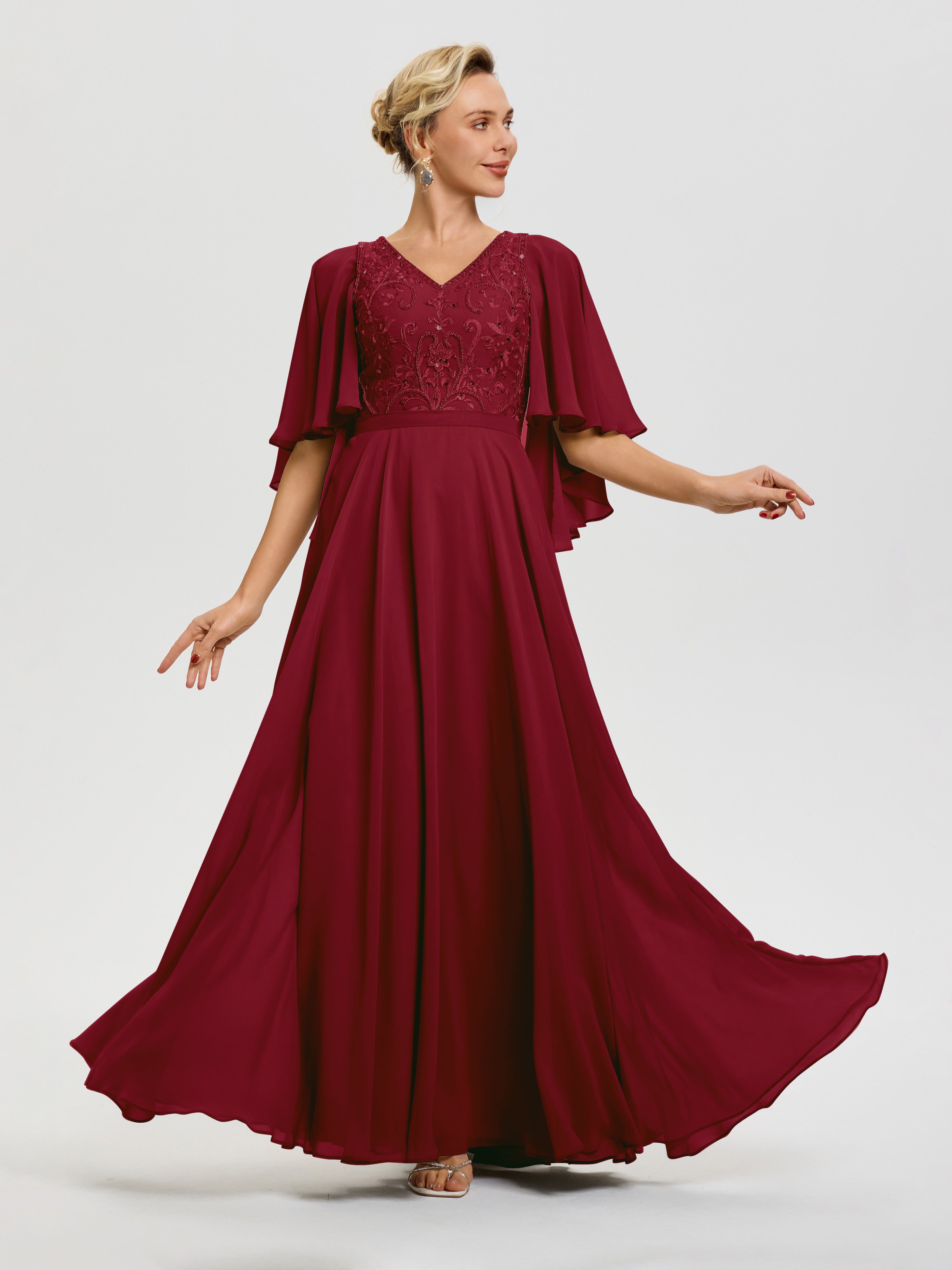 Robe Mere De La Mariee Bordeaux Col V Mousseline & Dentelle Robe Mère De Mariée Manches À Volants