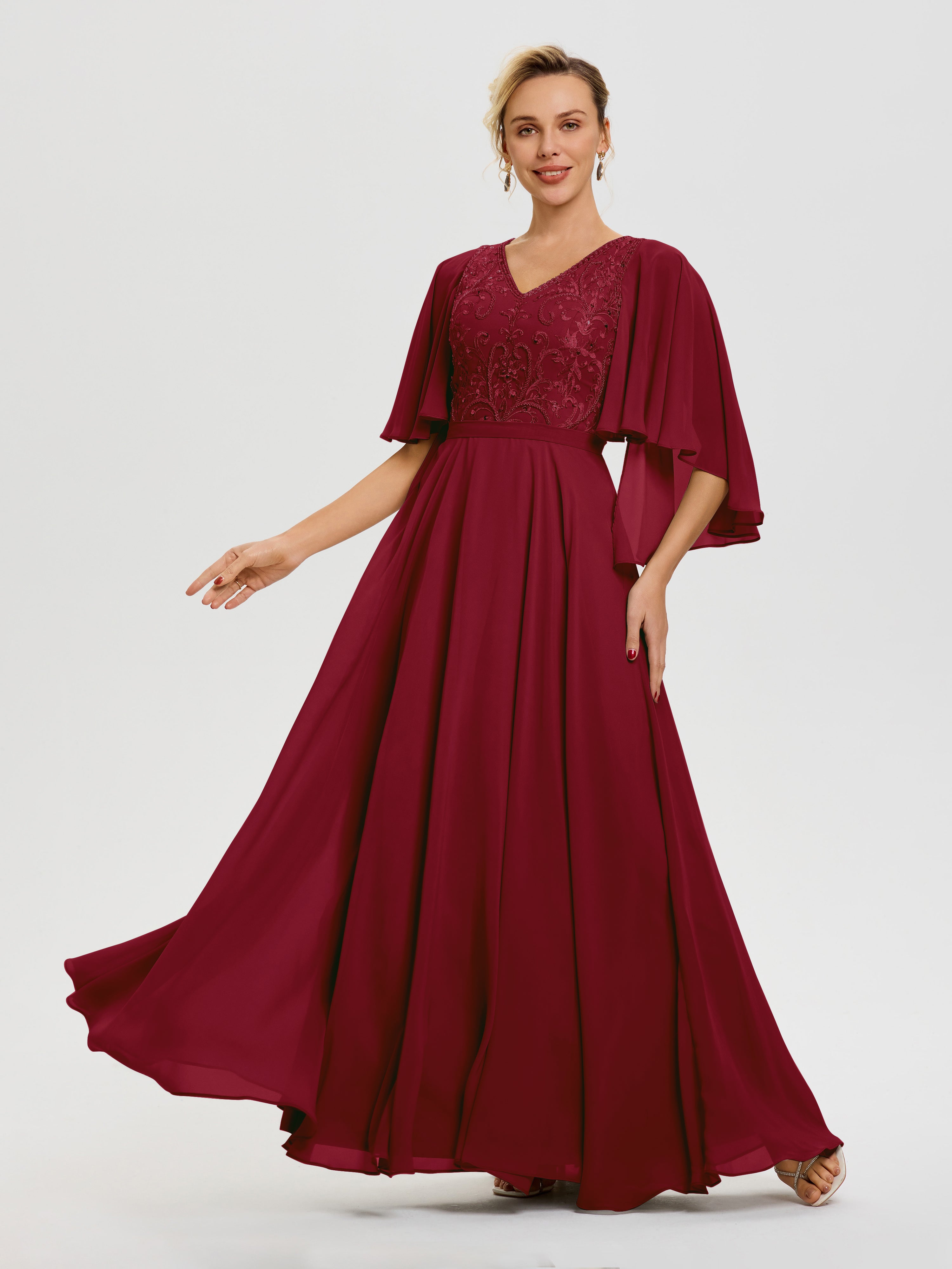 Robe Mere De La Mariee Bordeaux Col V Mousseline & Dentelle Robe Mère De Mariée Manches À Volants