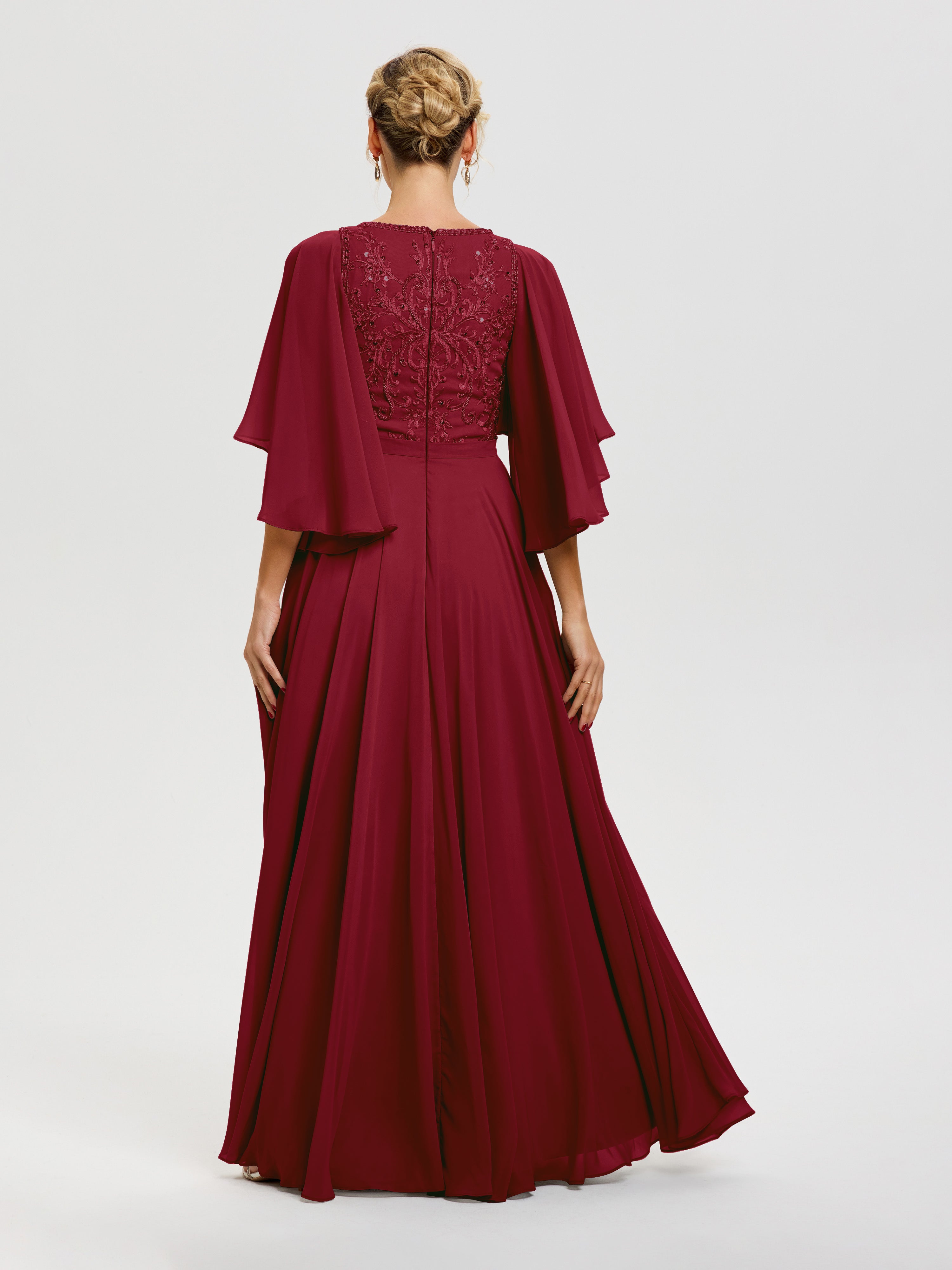 Robe Mere De La Mariee Bordeaux Col V Mousseline & Dentelle Robe Mère De Mariée Manches À Volants