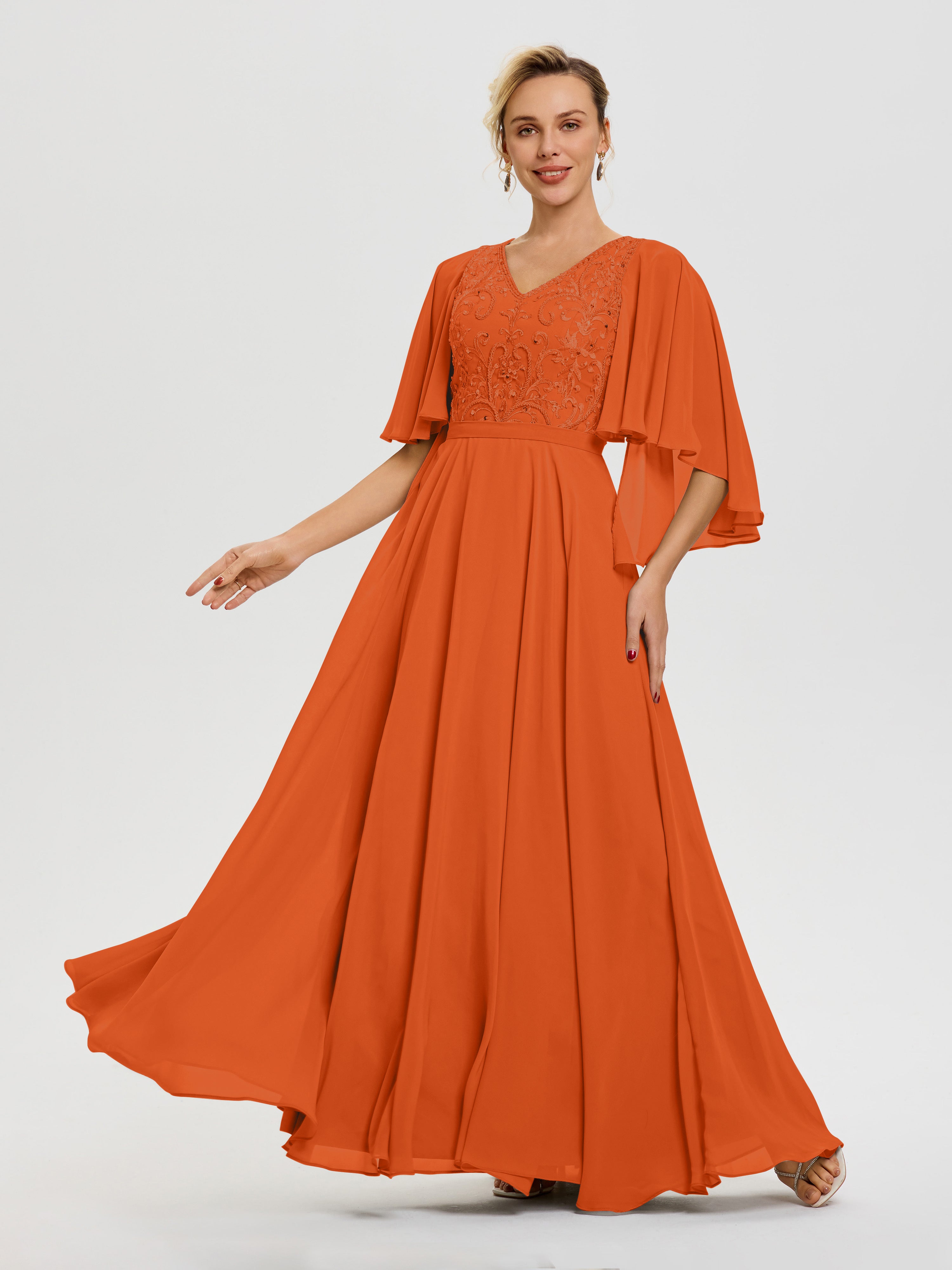 Robe Mère De Mariée Orange Brûlé Col V Mousseline & Dentelle Robe Mère De Mariée Manches À Volants