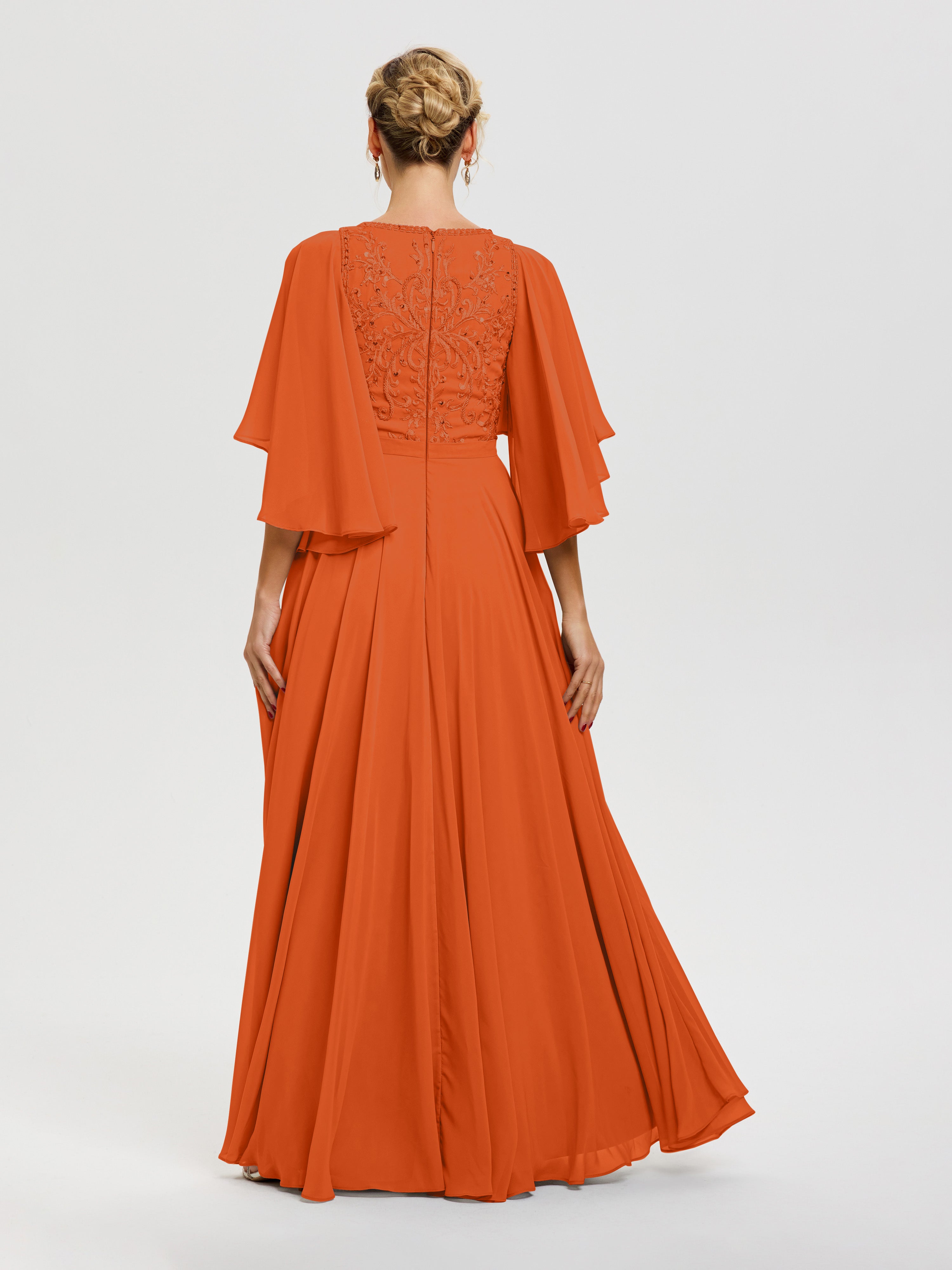 Robe Mère De Mariée Orange Brûlé Col V Mousseline & Dentelle Robe Mère De Mariée Manches À Volants