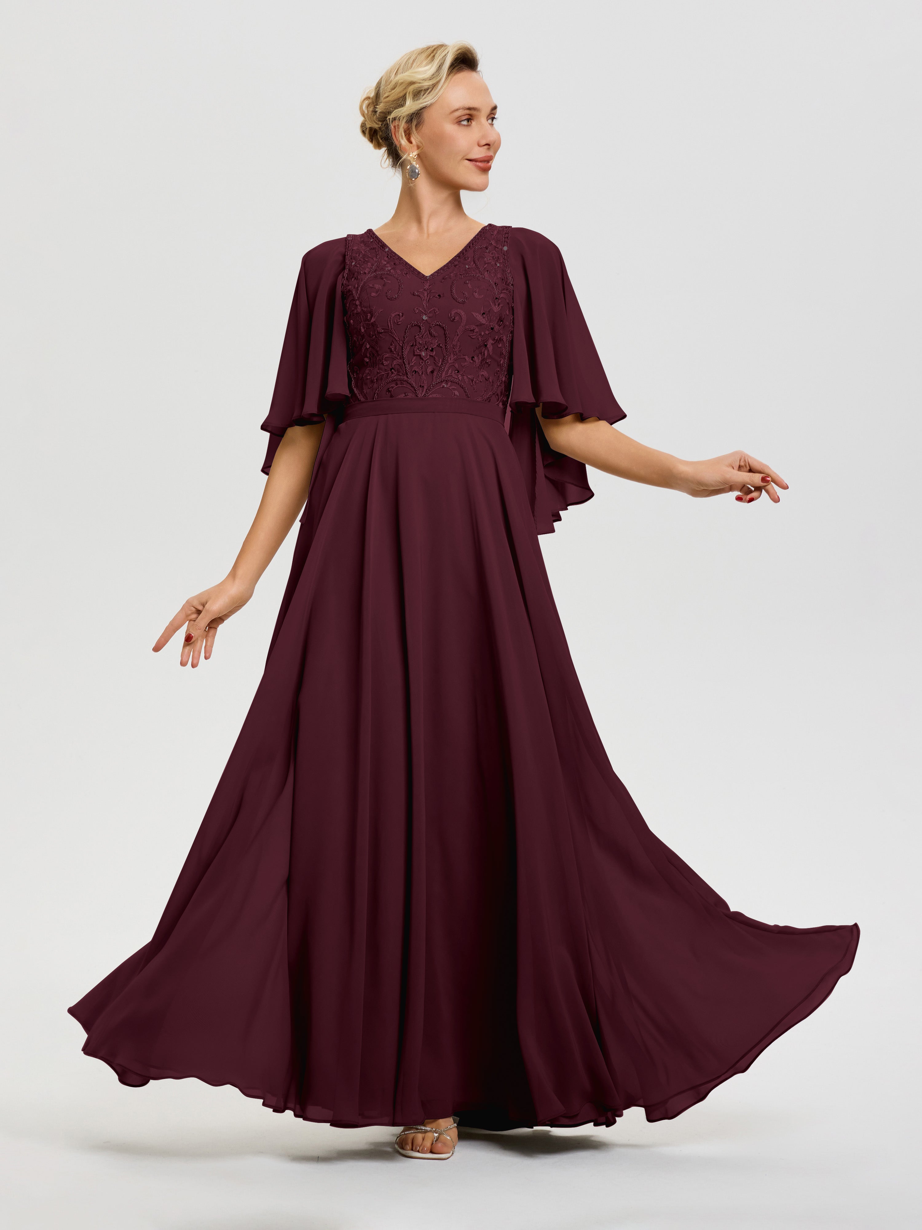 Robe Mère Du Marié Cabernet Col V Mousseline & Dentelle Robe Mère De Mariée Manches À Volants