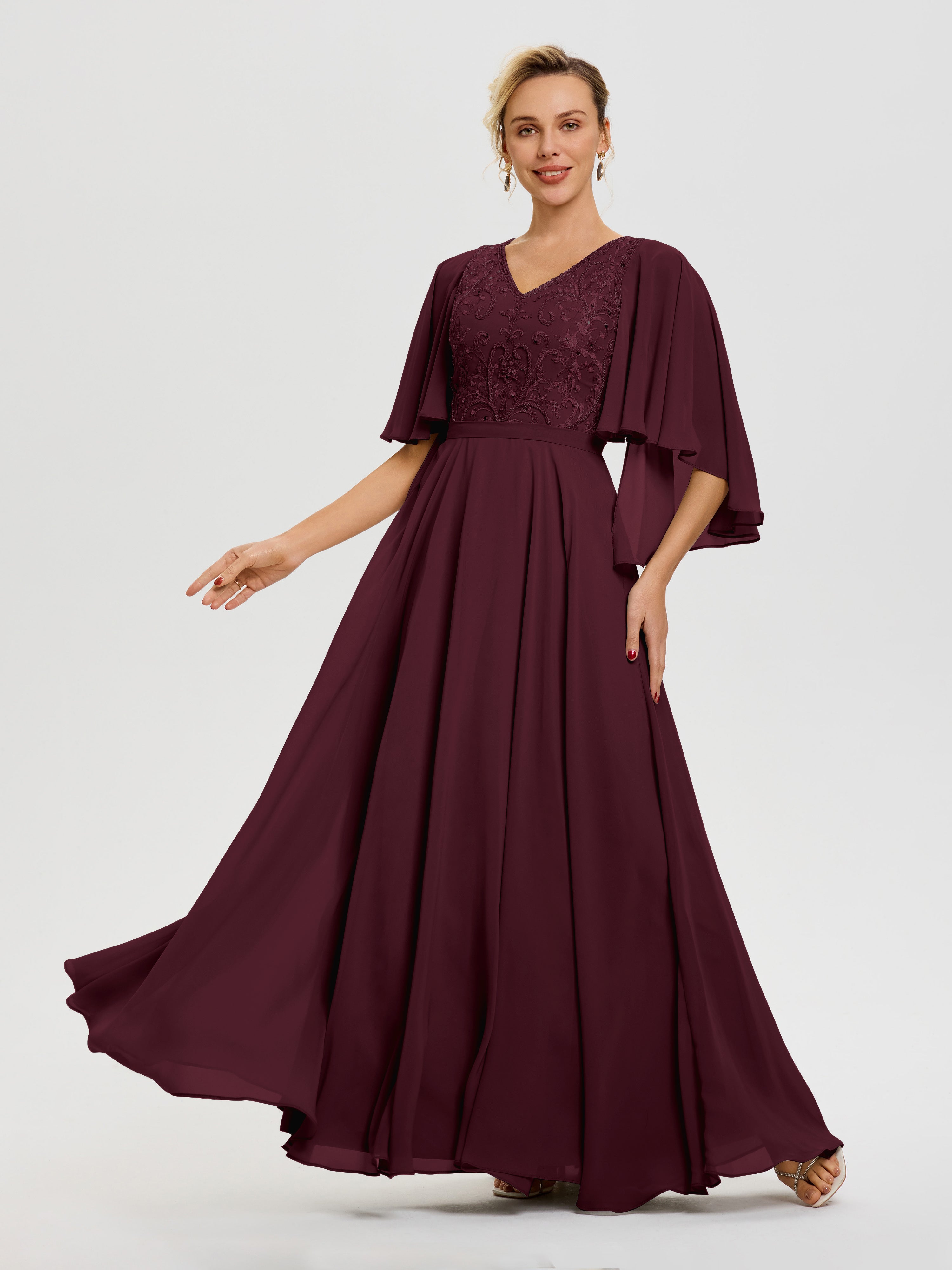 Robe Mère Du Marié Cabernet Col V Mousseline & Dentelle Robe Mère De Mariée Manches À Volants