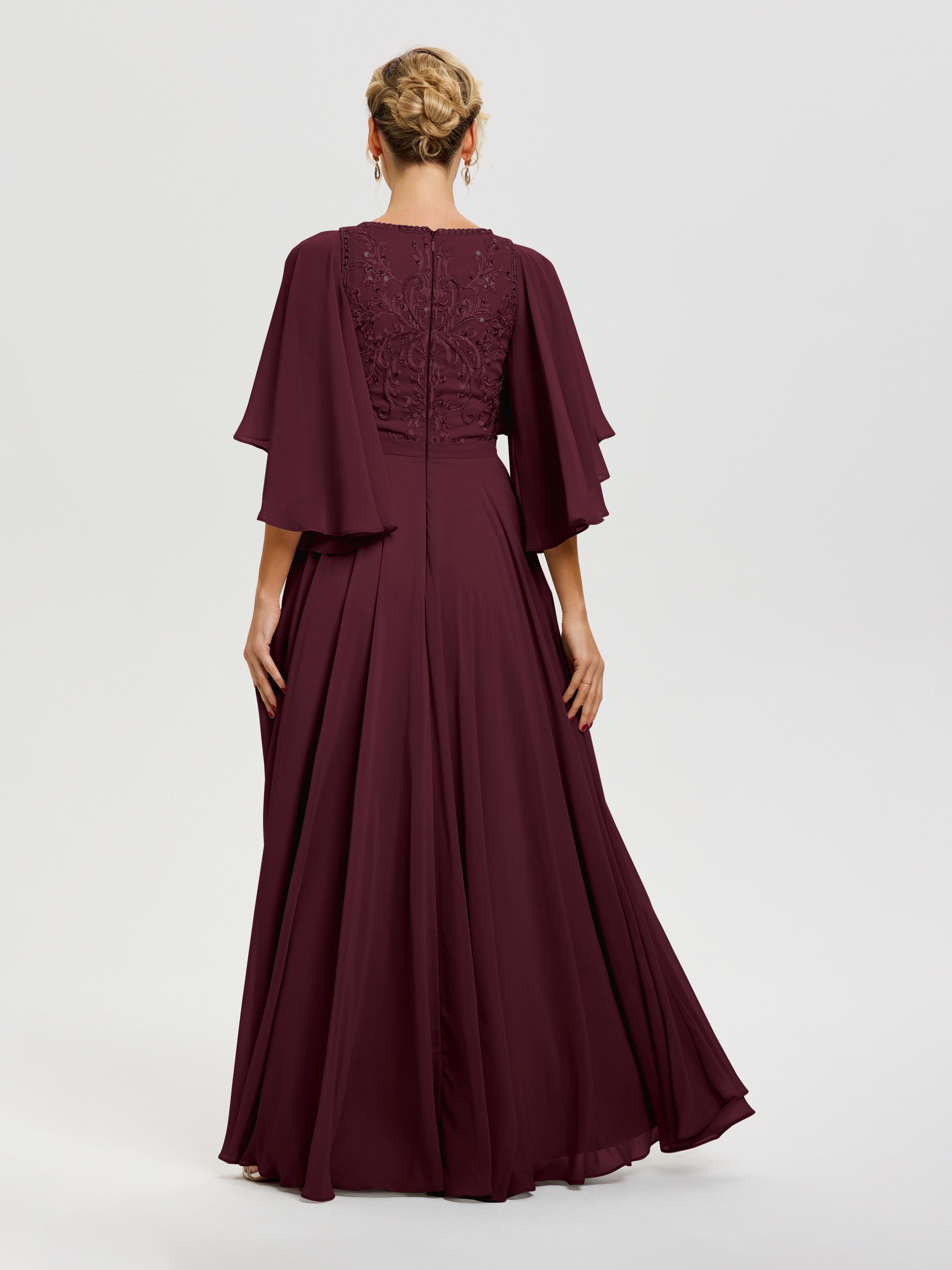Robe Mère Du Marié Cabernet Col V Mousseline & Dentelle Robe Mère De Mariée Manches À Volants