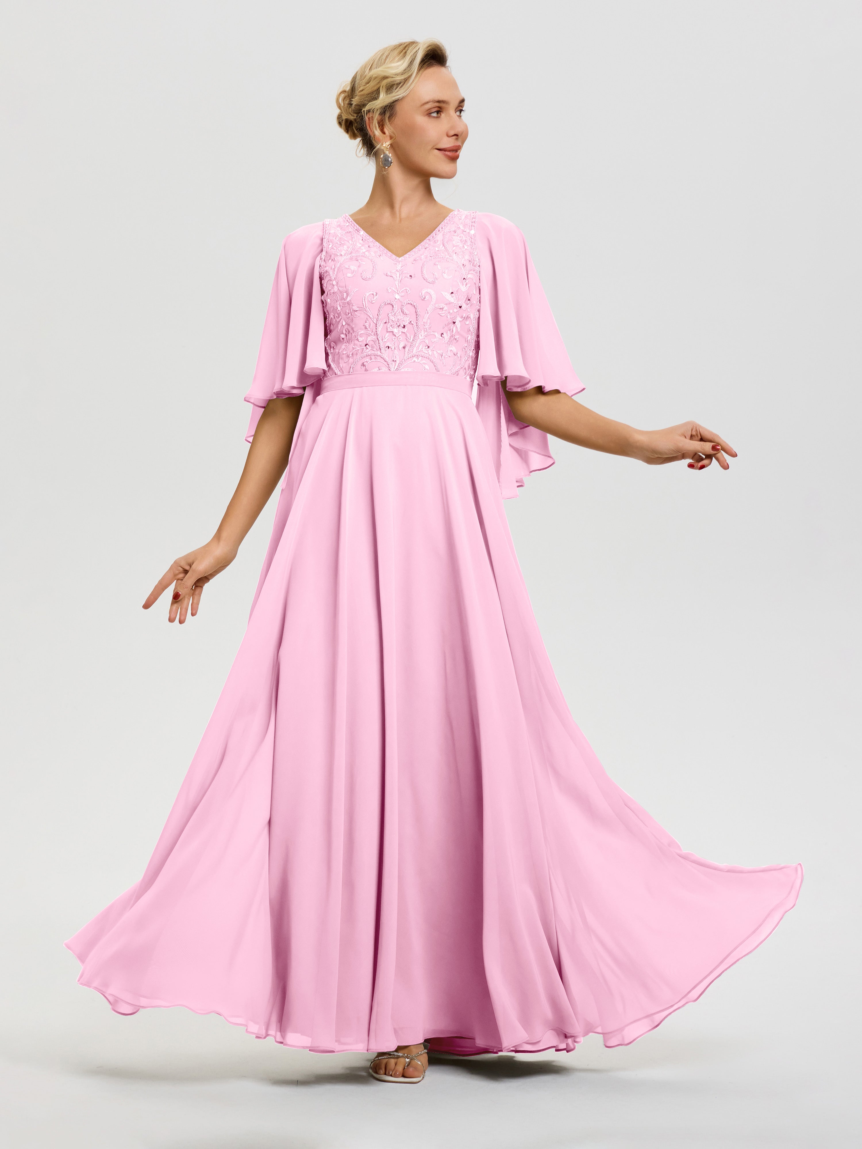 Robe Pour Mère De Mariée Rose Bonbon Col V Mousseline & Dentelle Robe Mère De Mariée Manches À Volants