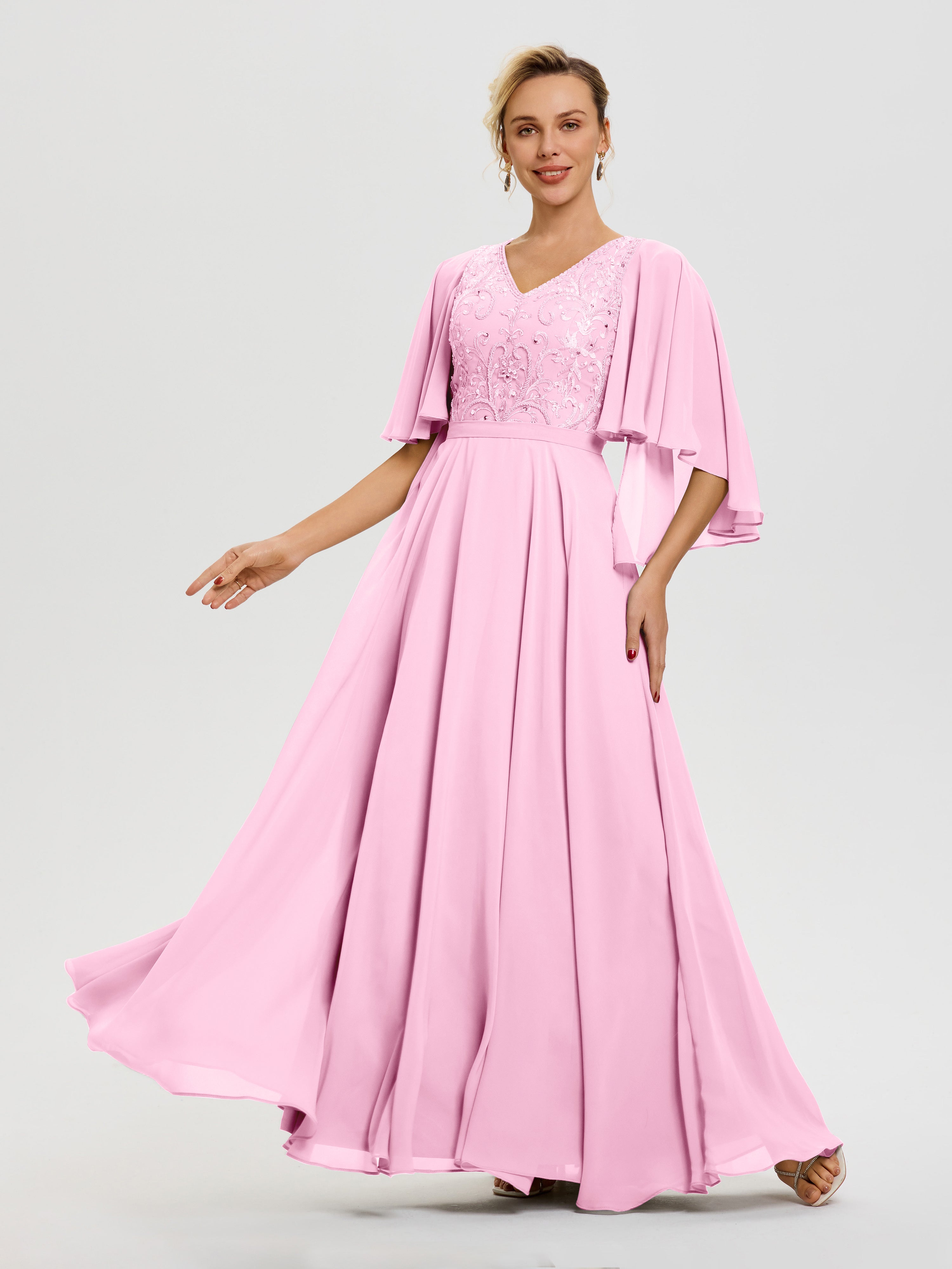 Robe Pour Mère De Mariée Rose Bonbon Col V Mousseline & Dentelle Robe Mère De Mariée Manches À Volants
