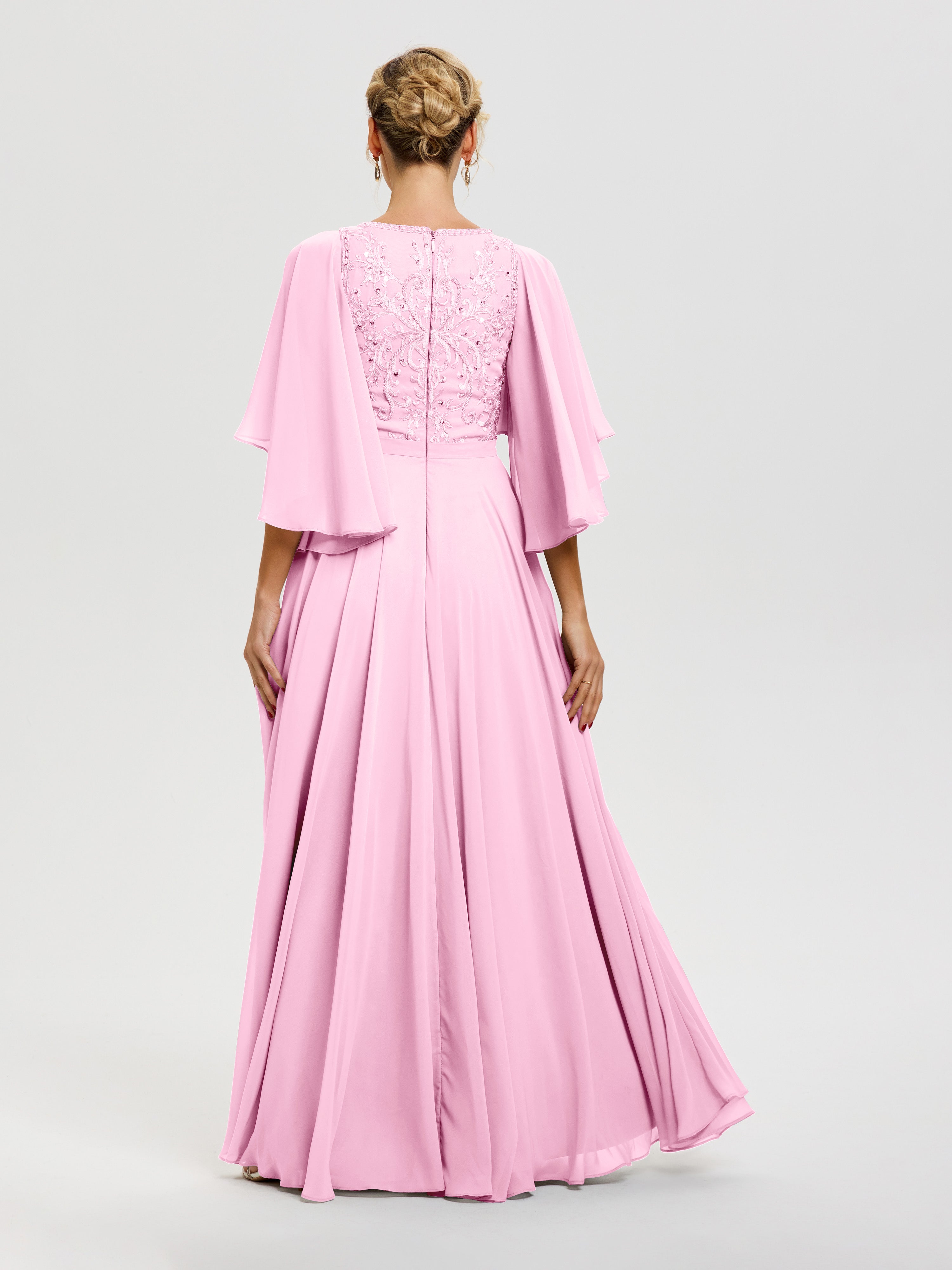 Robe Pour Mère De Mariée Rose Bonbon Col V Mousseline & Dentelle Robe Mère De Mariée Manches À Volants