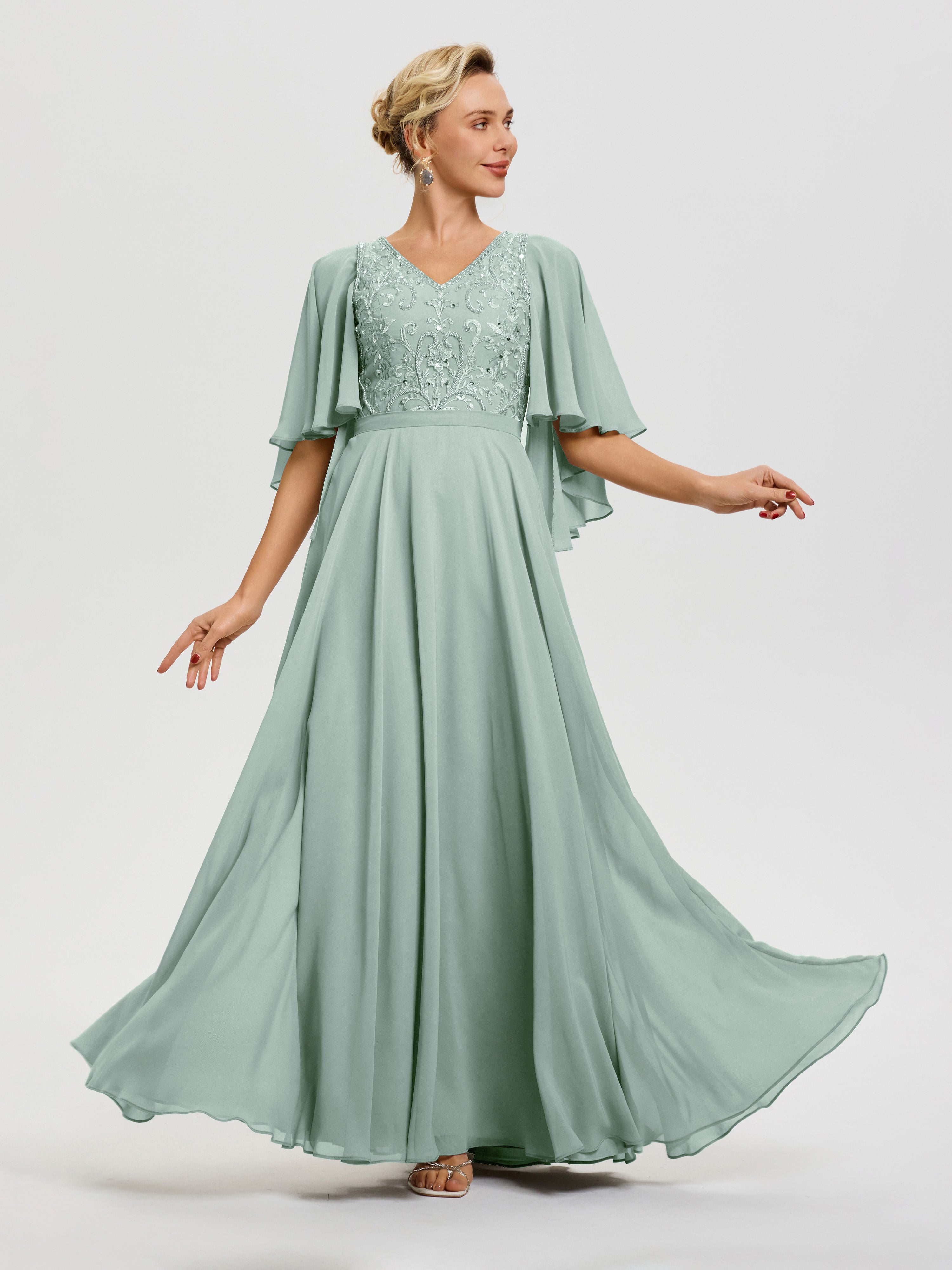 Robe Mère Du Marié Celadon Col V Mousseline & Dentelle Robe Mère De Mariée Manches À Volants