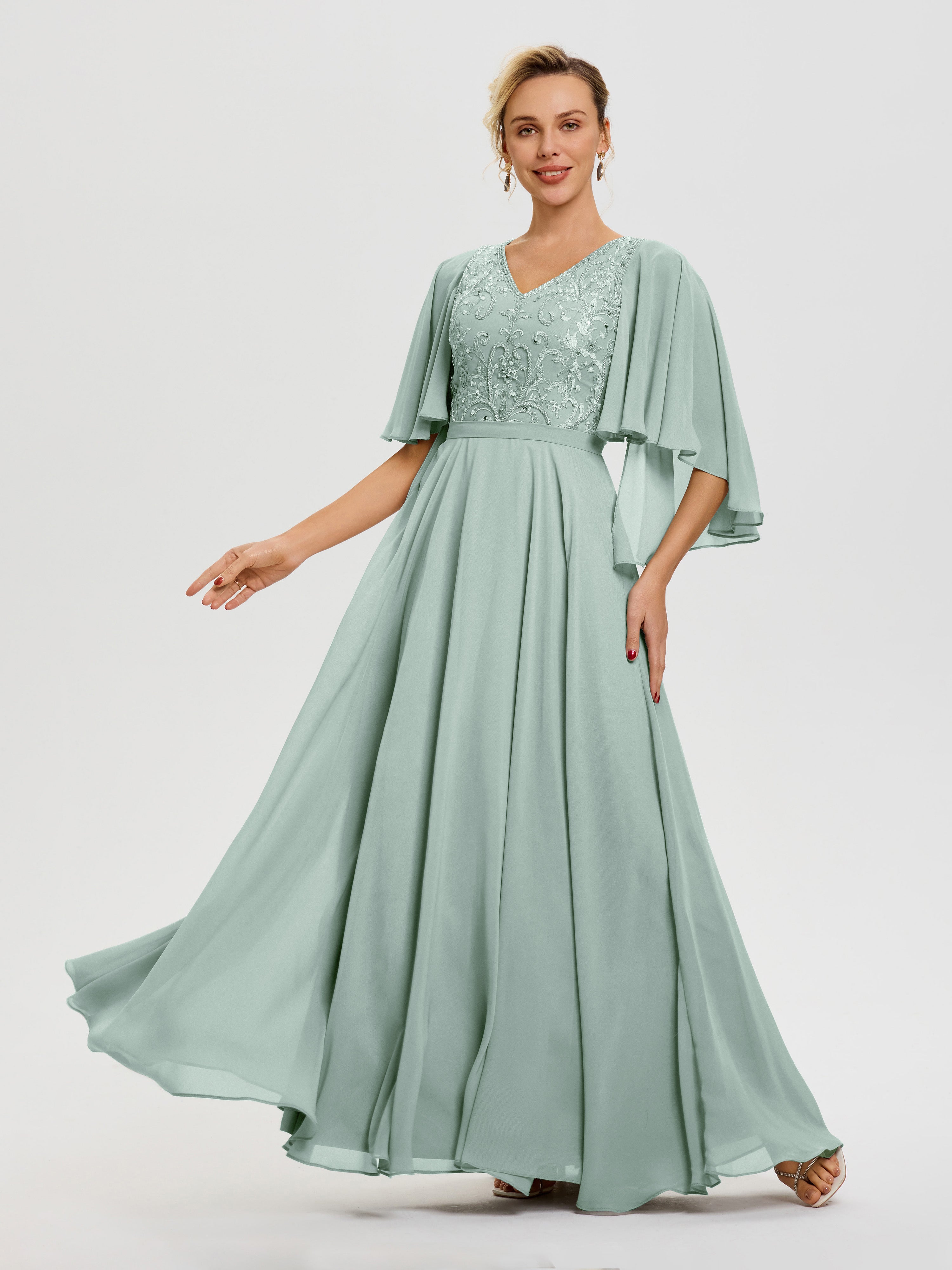 Robe Mère Du Marié Celadon Col V Mousseline & Dentelle Robe Mère De Mariée Manches À Volants