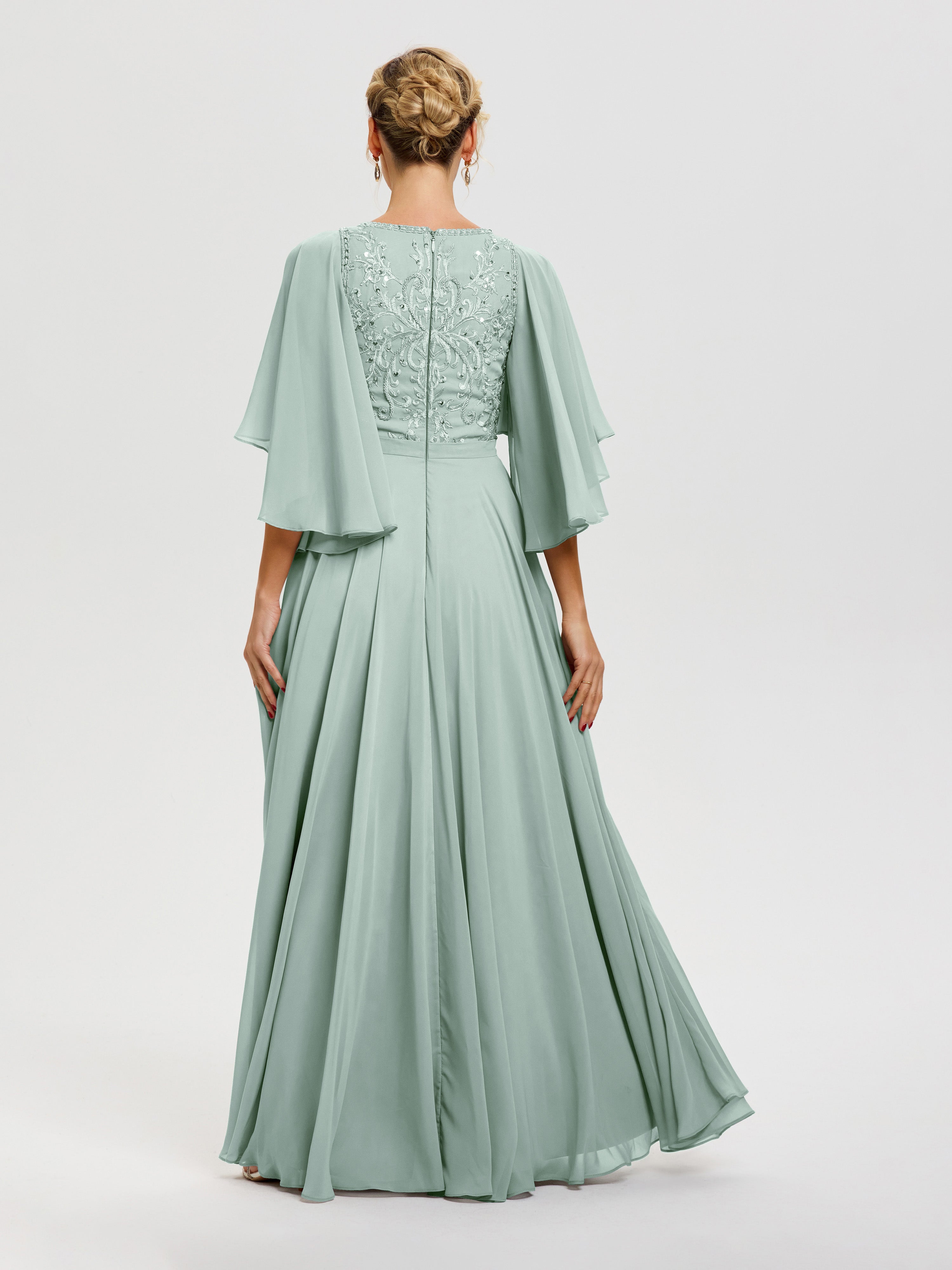 Robe Mère Du Marié Celadon Col V Mousseline & Dentelle Robe Mère De Mariée Manches À Volants
